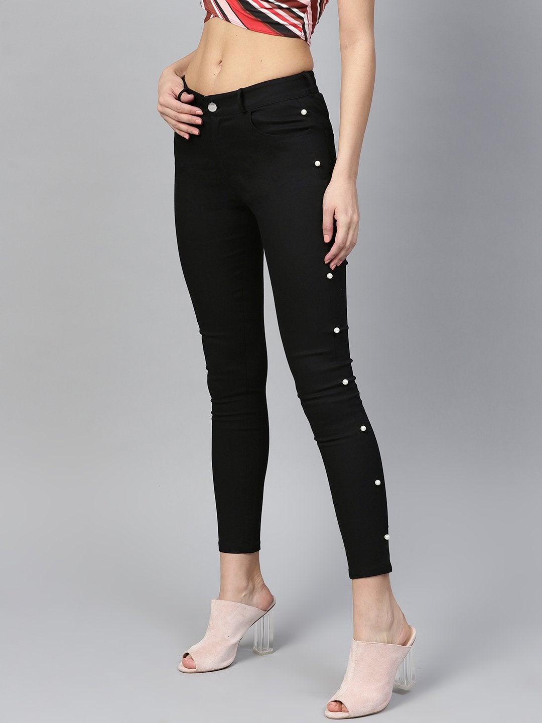 Women's Black Side Seam Pearl Jeans - SASSAFRAS