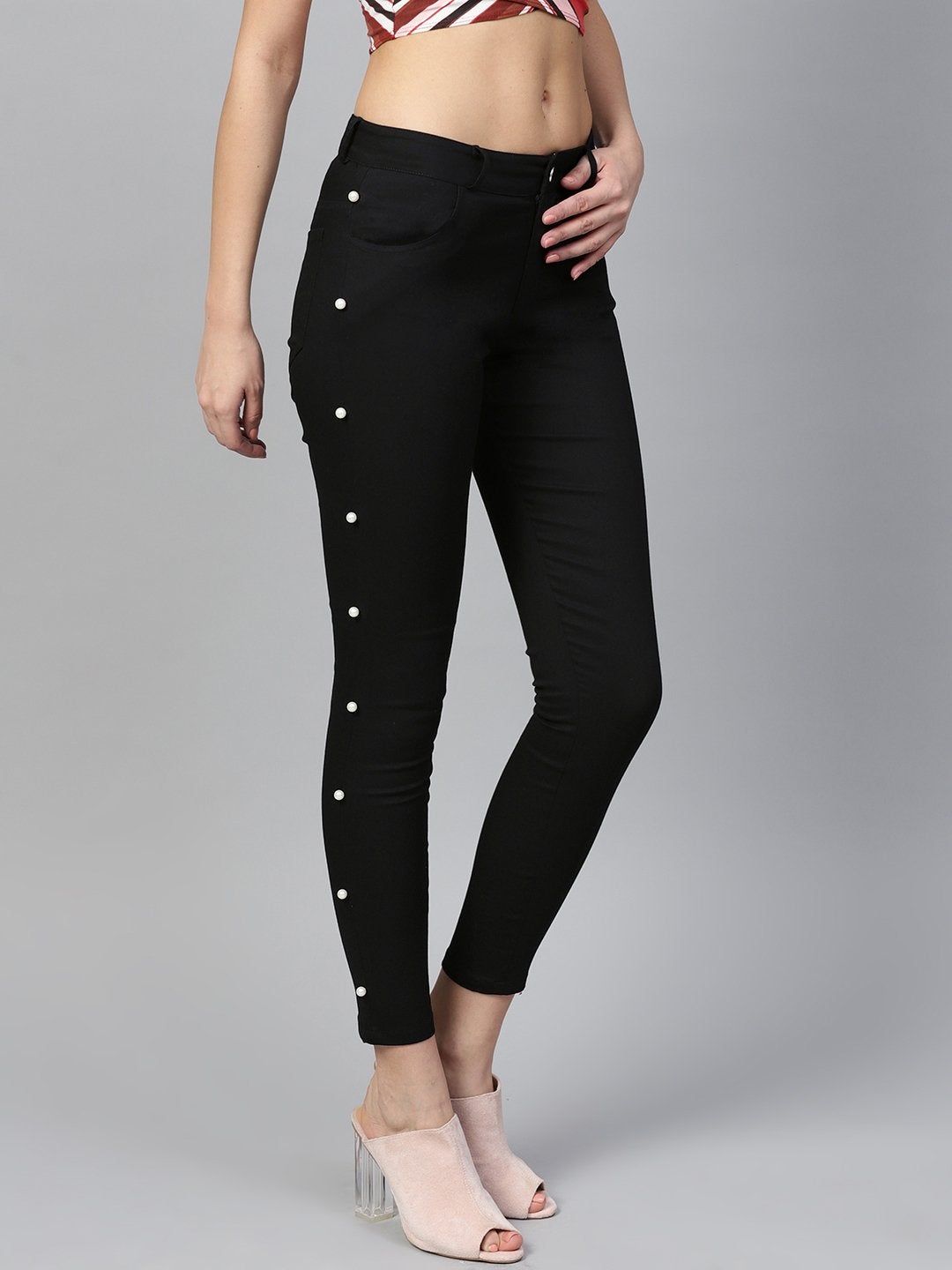 Women's Black Side Seam Pearl Jeans - SASSAFRAS