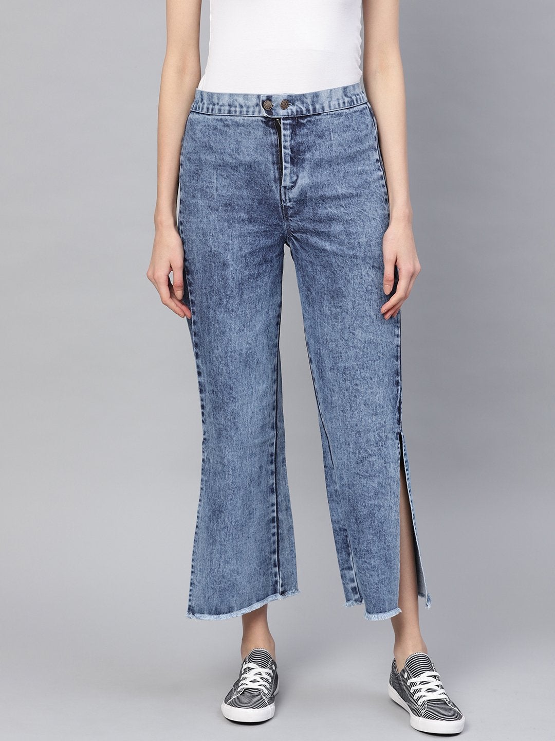 Women's Blue Denim Acid Wash Side Slit Pants - SASSAFRAS