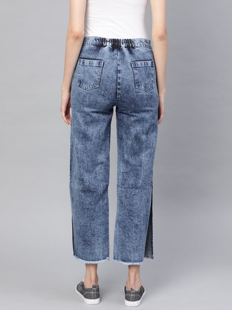 Women's Blue Denim Acid Wash Side Slit Pants