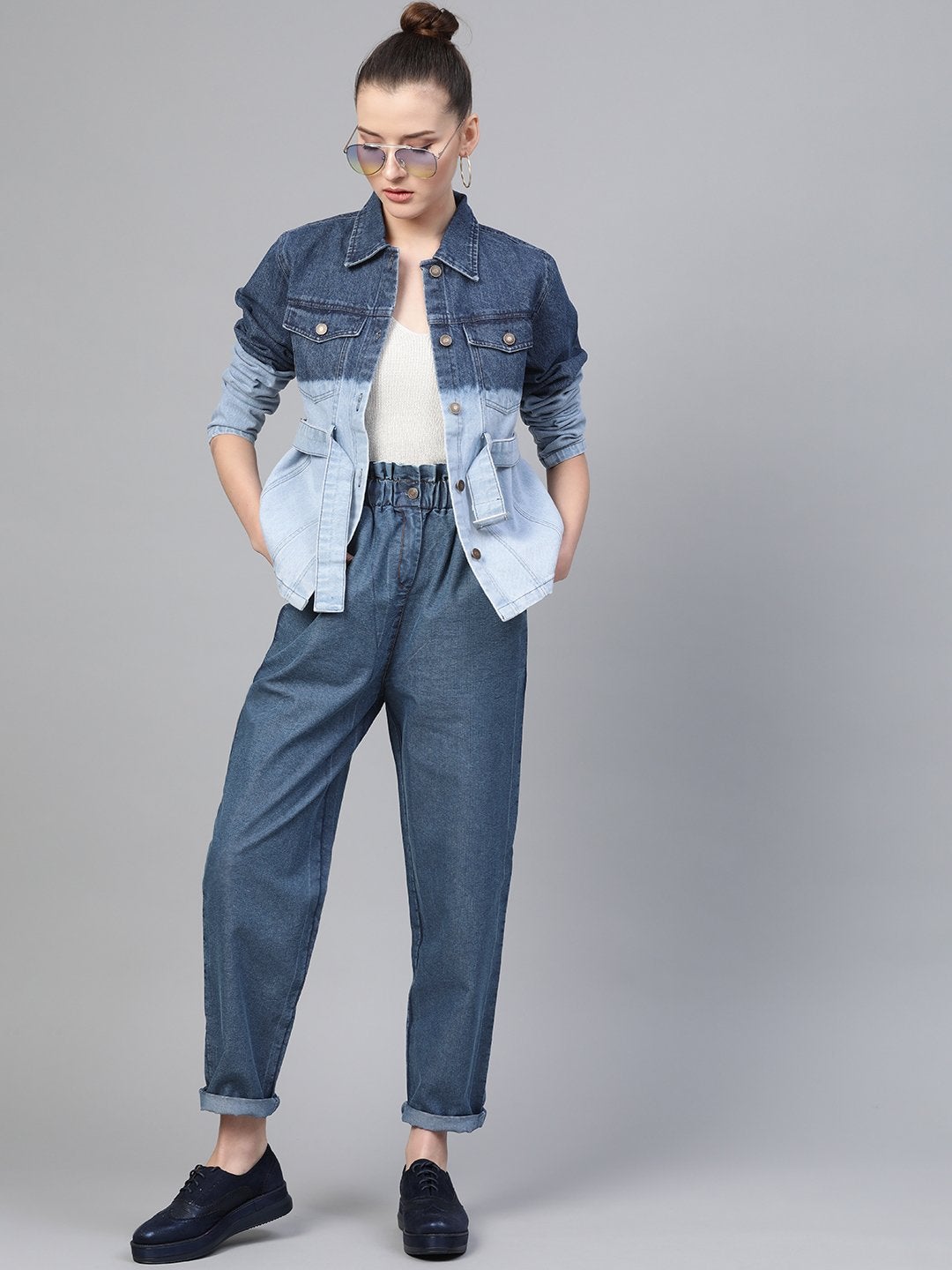 Women's Blue Paper Bag Waist Jeans - SASSAFRAS
