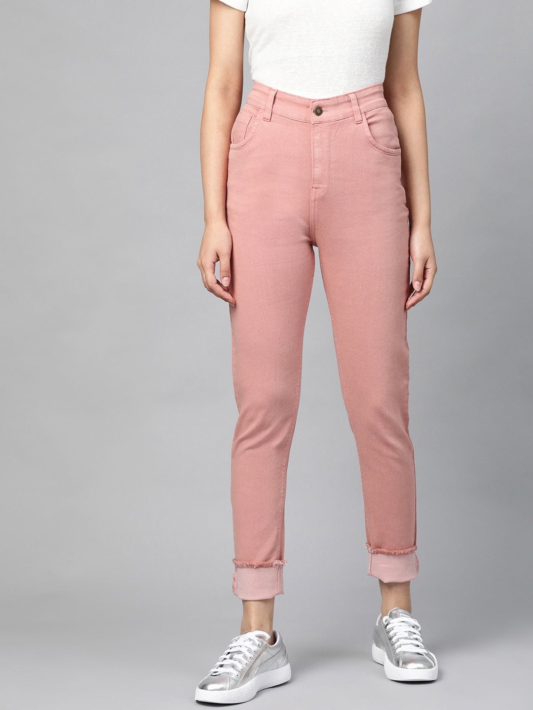 Women's Pink Denim Raw Edge Basic Jeans - SASSAFRAS