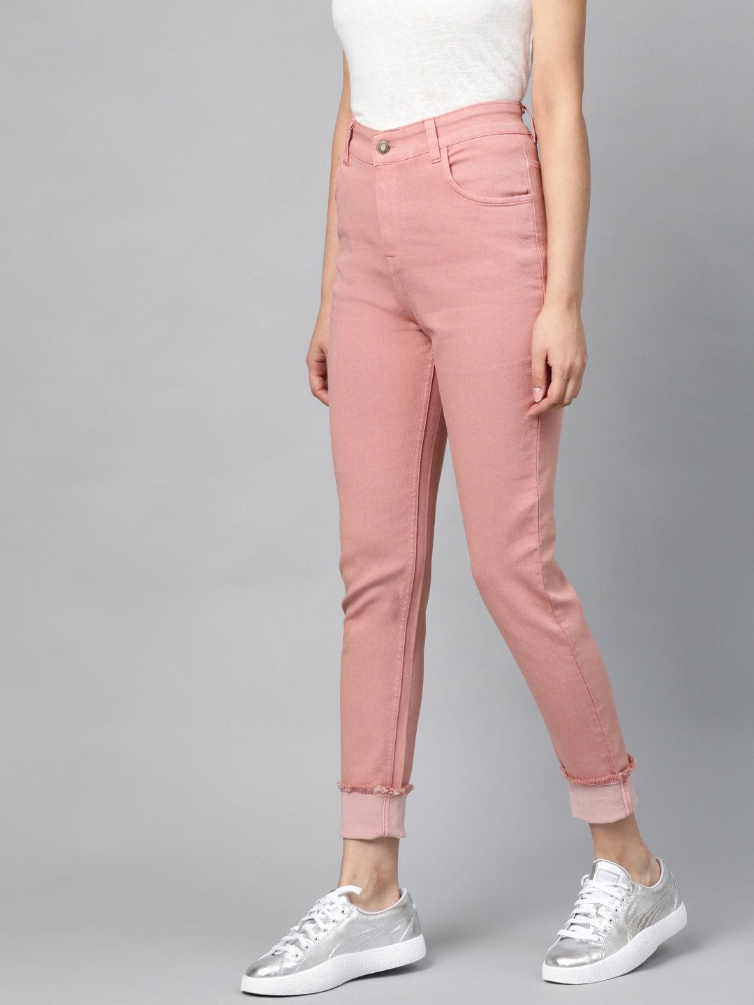 Women's Pink Denim Raw Edge Basic Jeans - SASSAFRAS