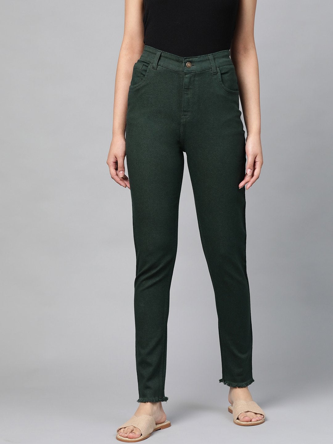 Women's Green Denim Raw Edge Basic Jeans - SASSAFRAS