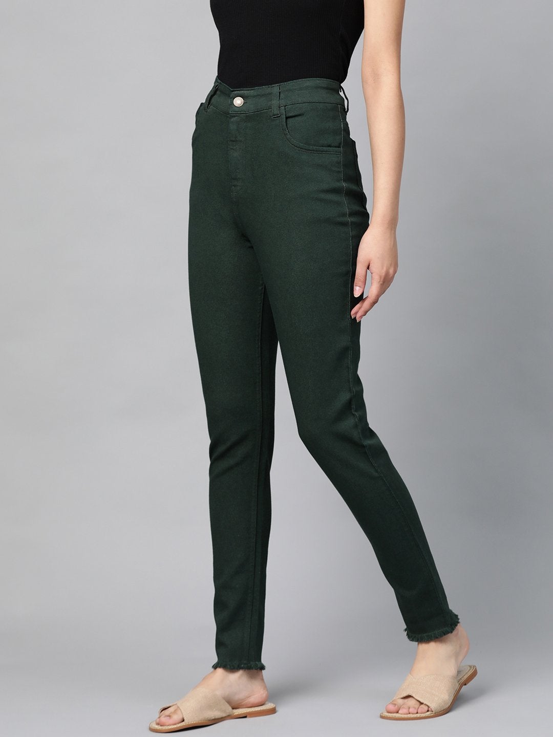 Women's Green Denim Raw Edge Basic Jeans - SASSAFRAS