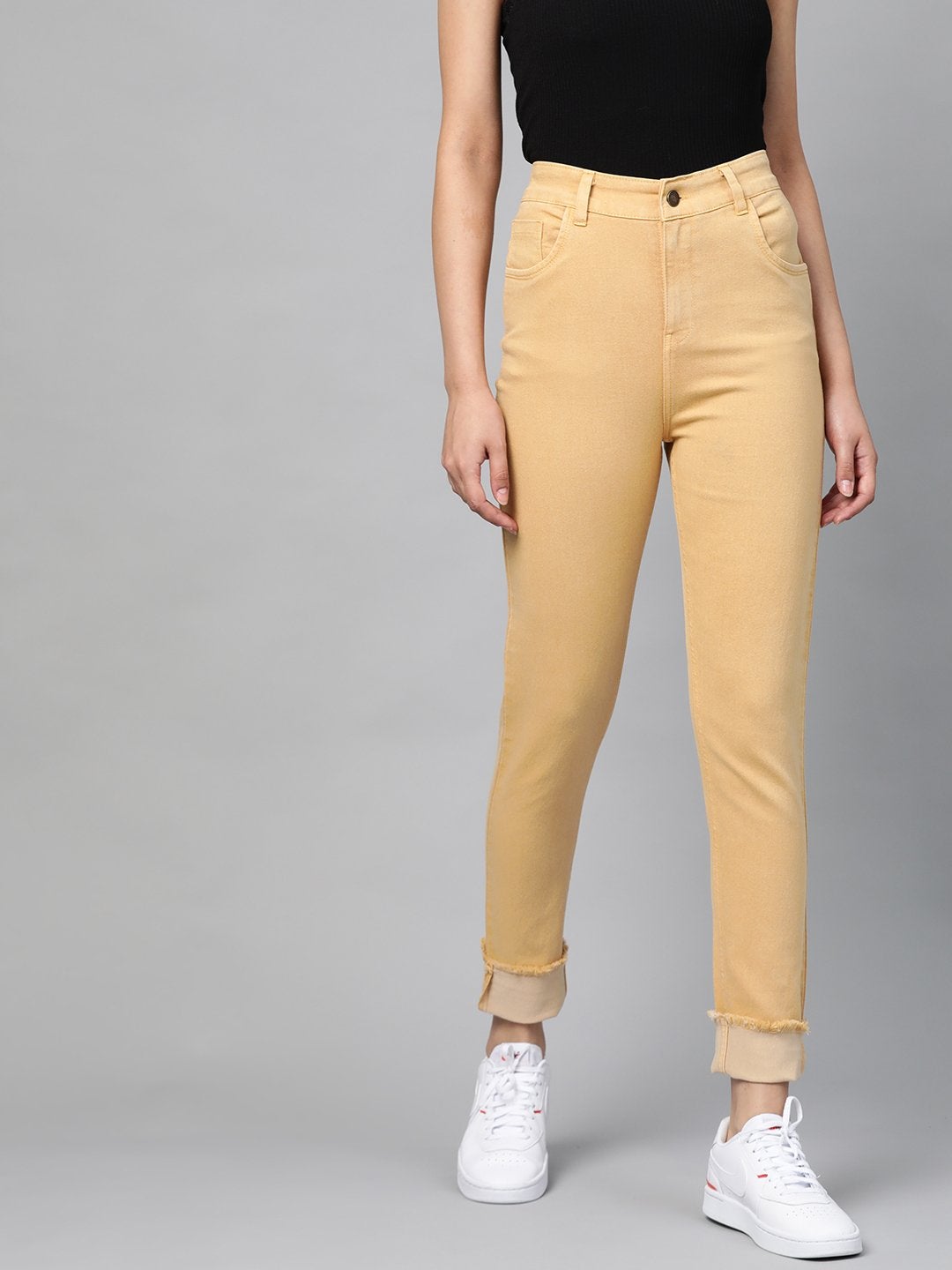 Women's Yellow Denim Raw Edge Basic Jeans - SASSAFRAS