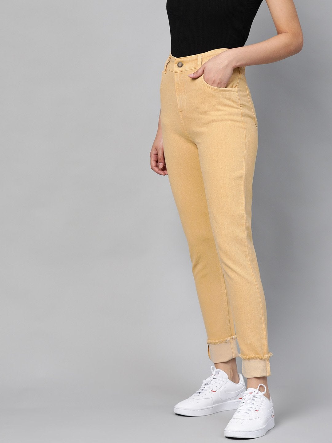 Women's Yellow Denim Raw Edge Basic Jeans - SASSAFRAS