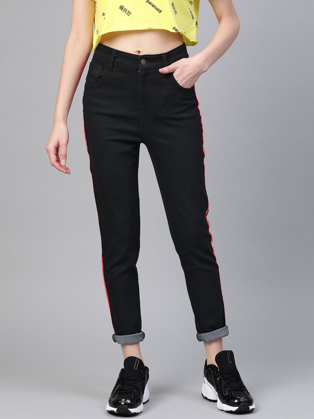 Women's Black Side Tape Jeans - SASSAFRAS