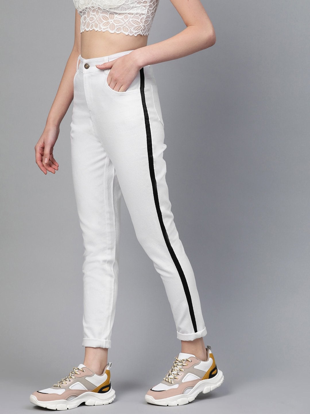 Women's White Side Tape Jeans - SASSAFRAS