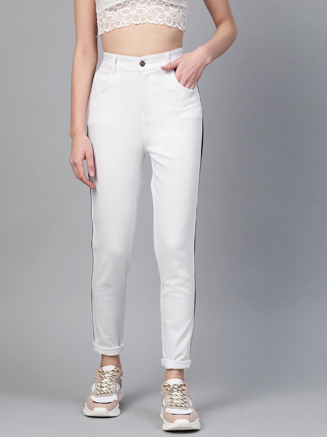 Women's White Side Tape Jeans - SASSAFRAS