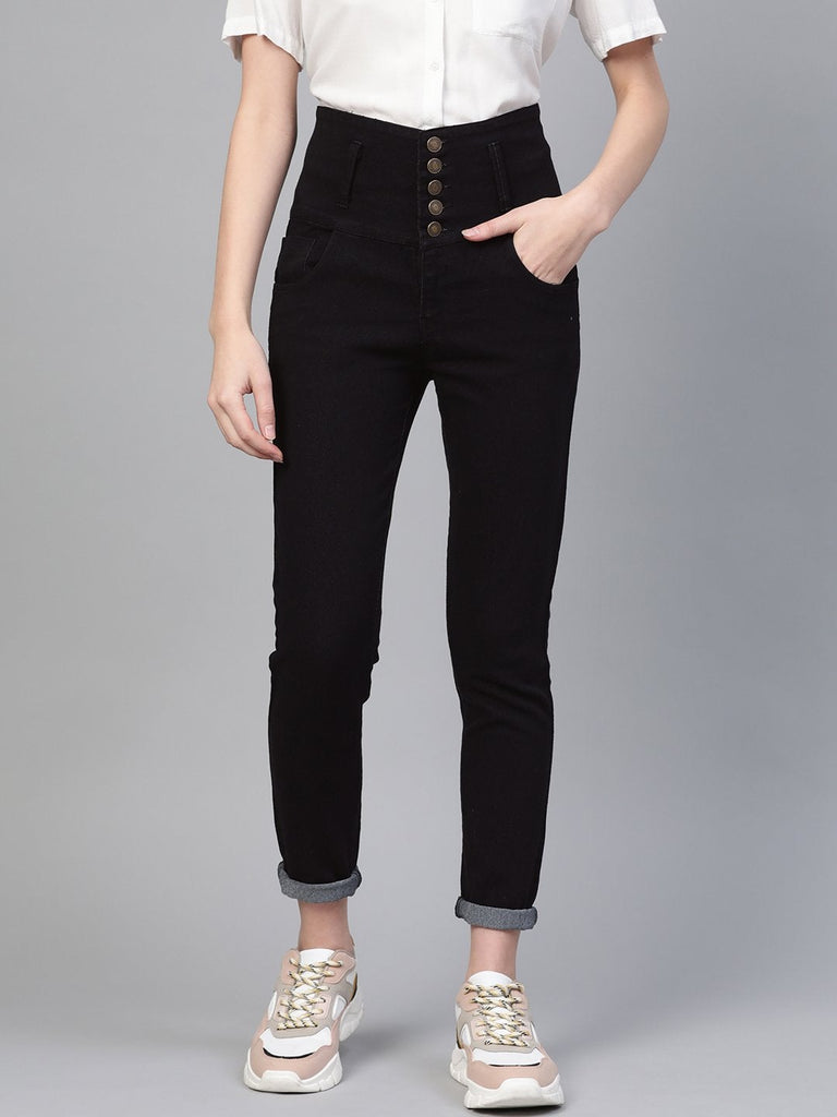 Women's Black Metal Button High Waist Jeans