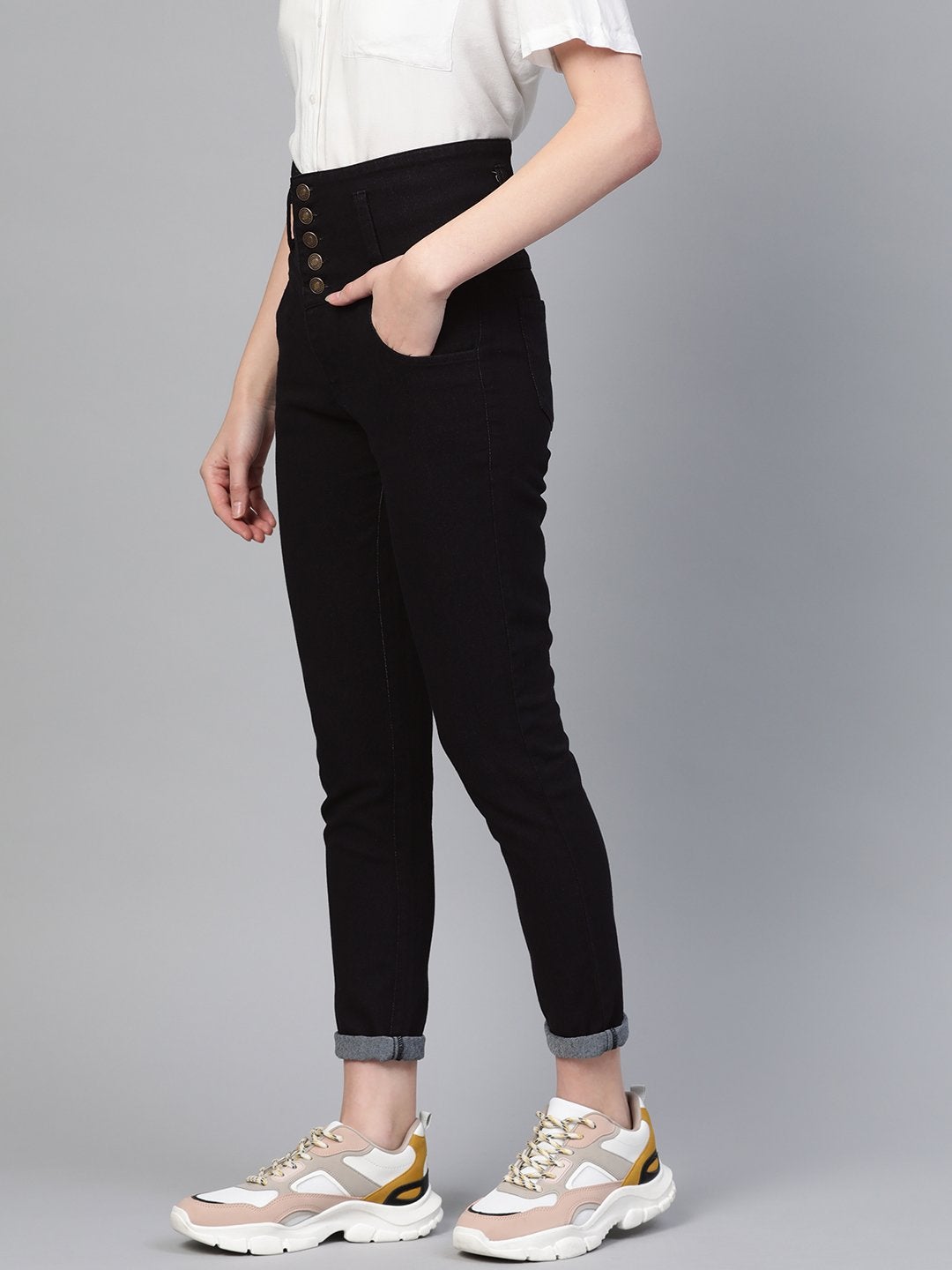 Women's Black Metal Button High Waist Jeans - SASSAFRAS