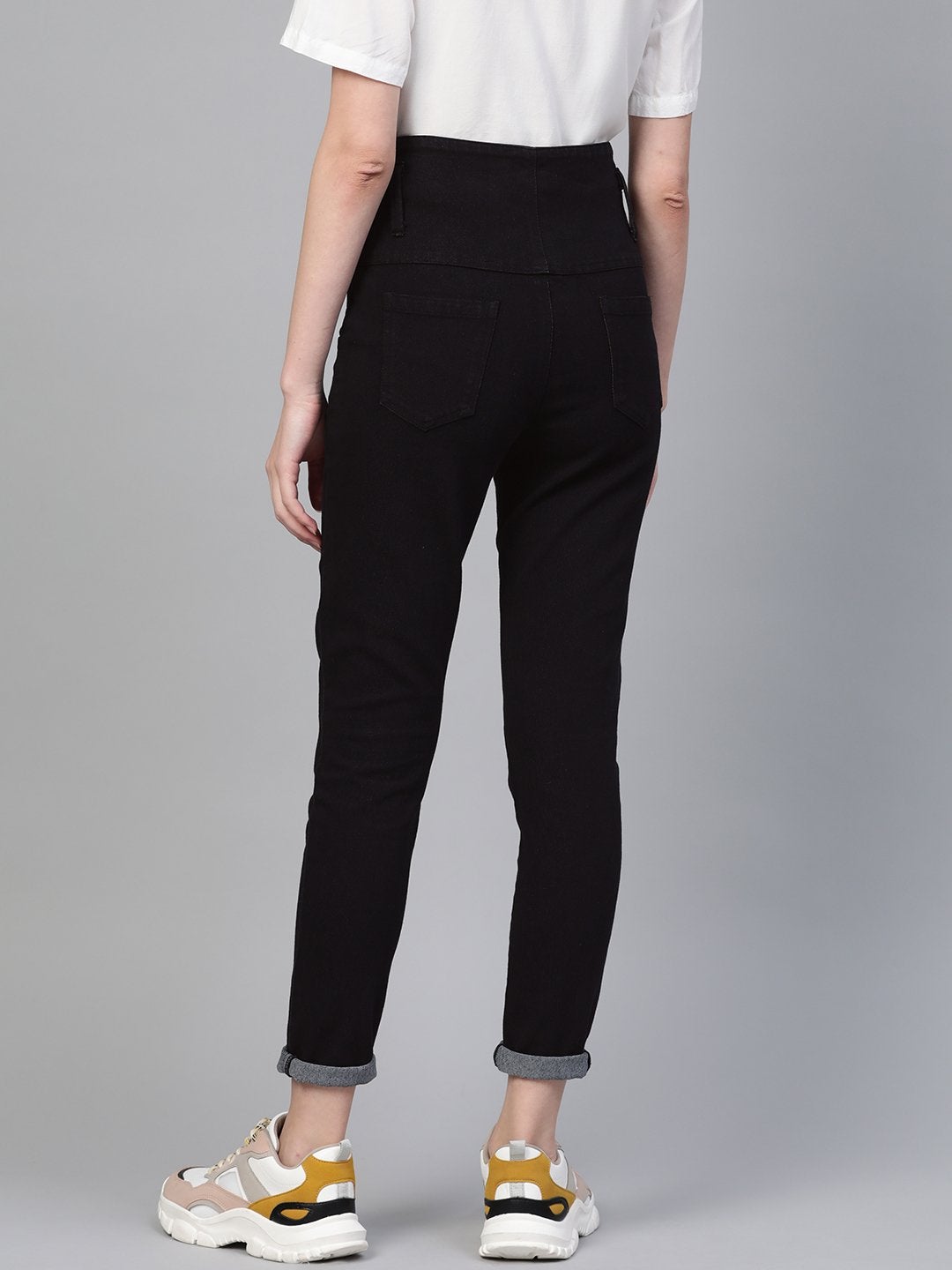 Women's Black Metal Button High Waist Jeans - SASSAFRAS