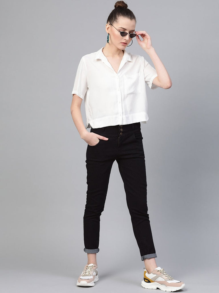 Women's Black Metal Button High Waist Jeans