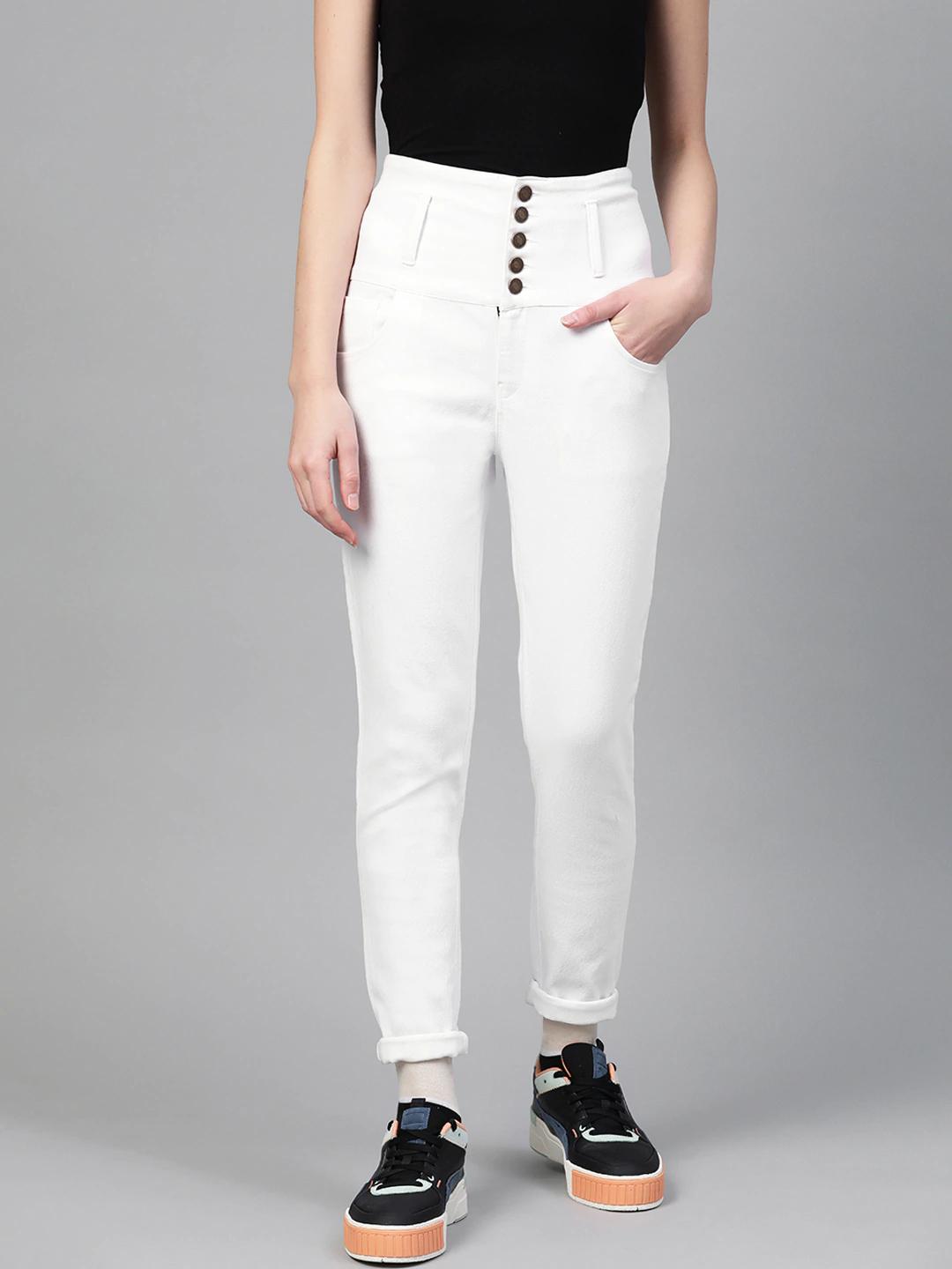 Women's White Metal Button High Waist Jeans - SASSAFRAS