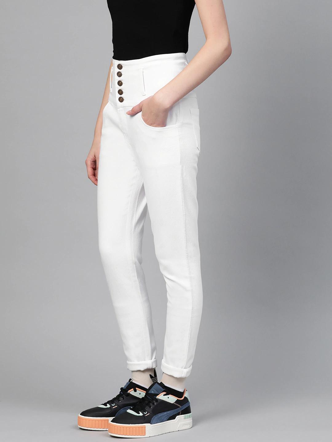 Women's White Metal Button High Waist Jeans - SASSAFRAS