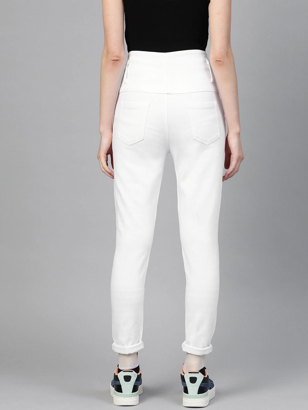 Women's White Metal Button High Waist Jeans - SASSAFRAS