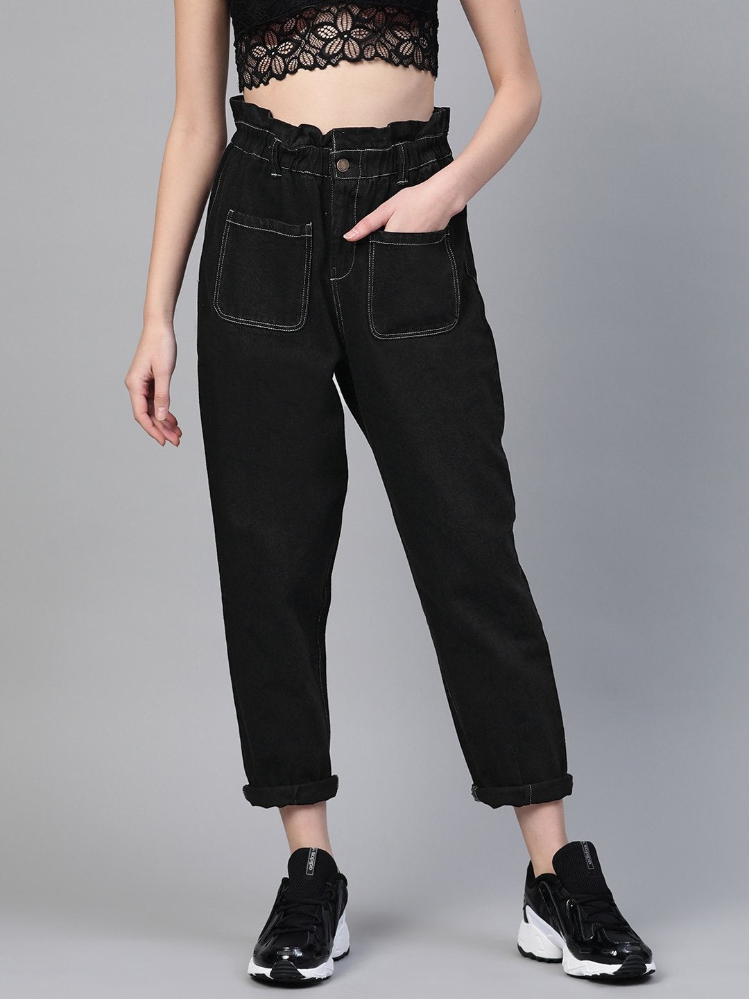 Women's Black Front Pocket Slouchy Jeans - SASSAFRAS