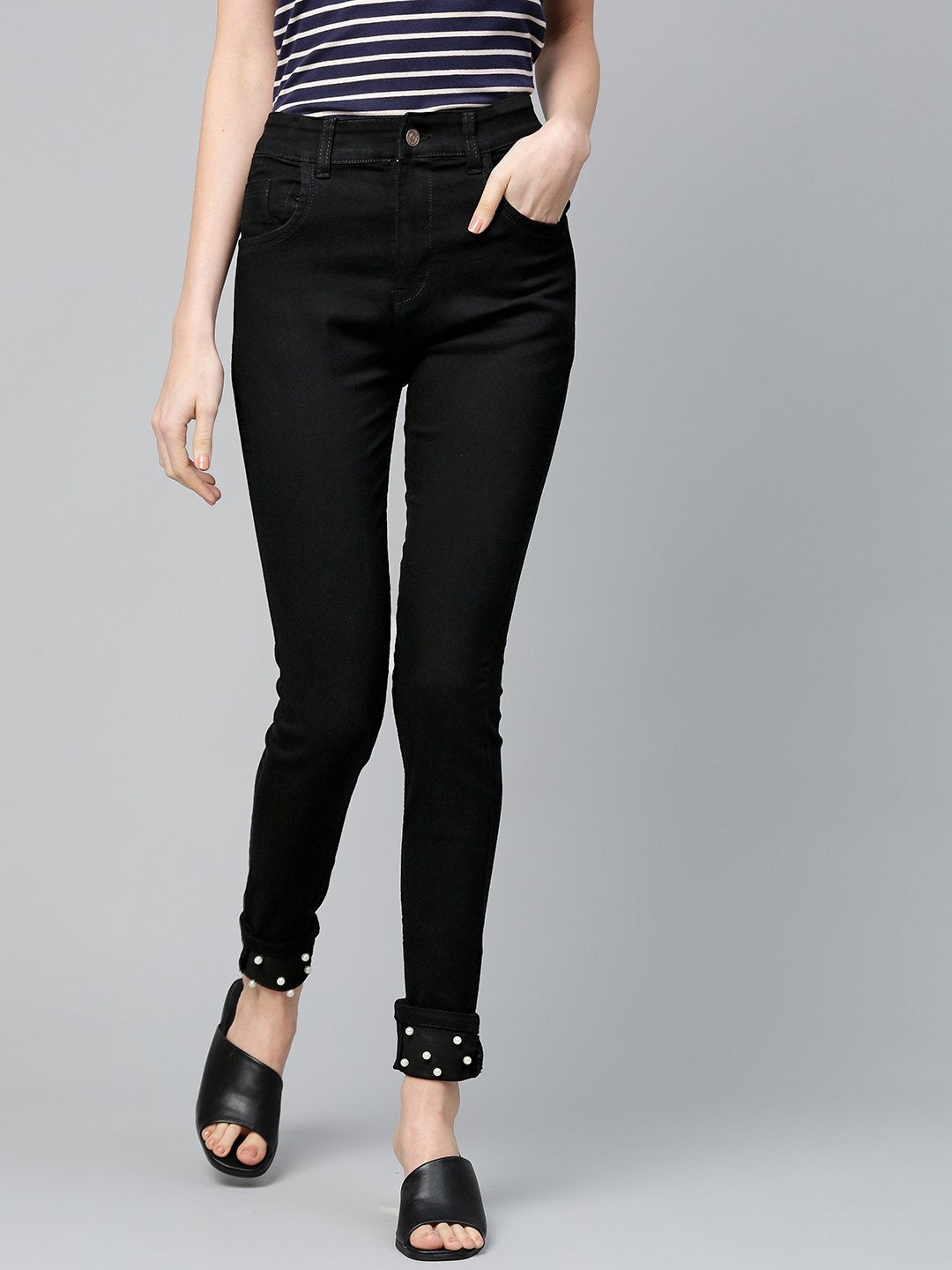 Women's Black Pearl Studded Hem Jeans - SASSAFRAS