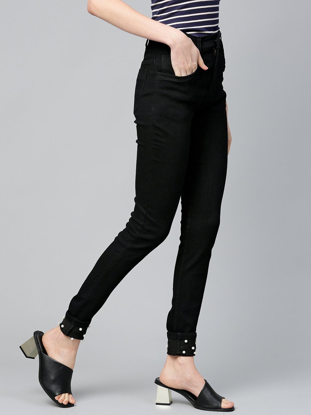 Women's Black Pearl Studded Hem Jeans - SASSAFRAS