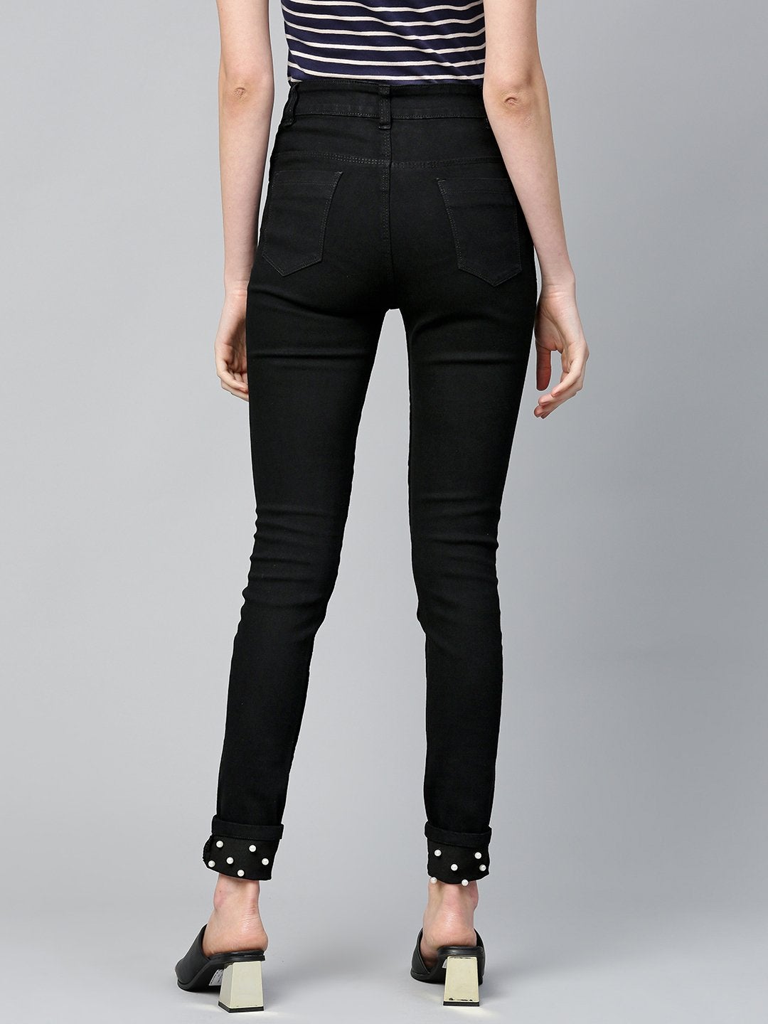 Women's Black Pearl Studded Hem Jeans - SASSAFRAS