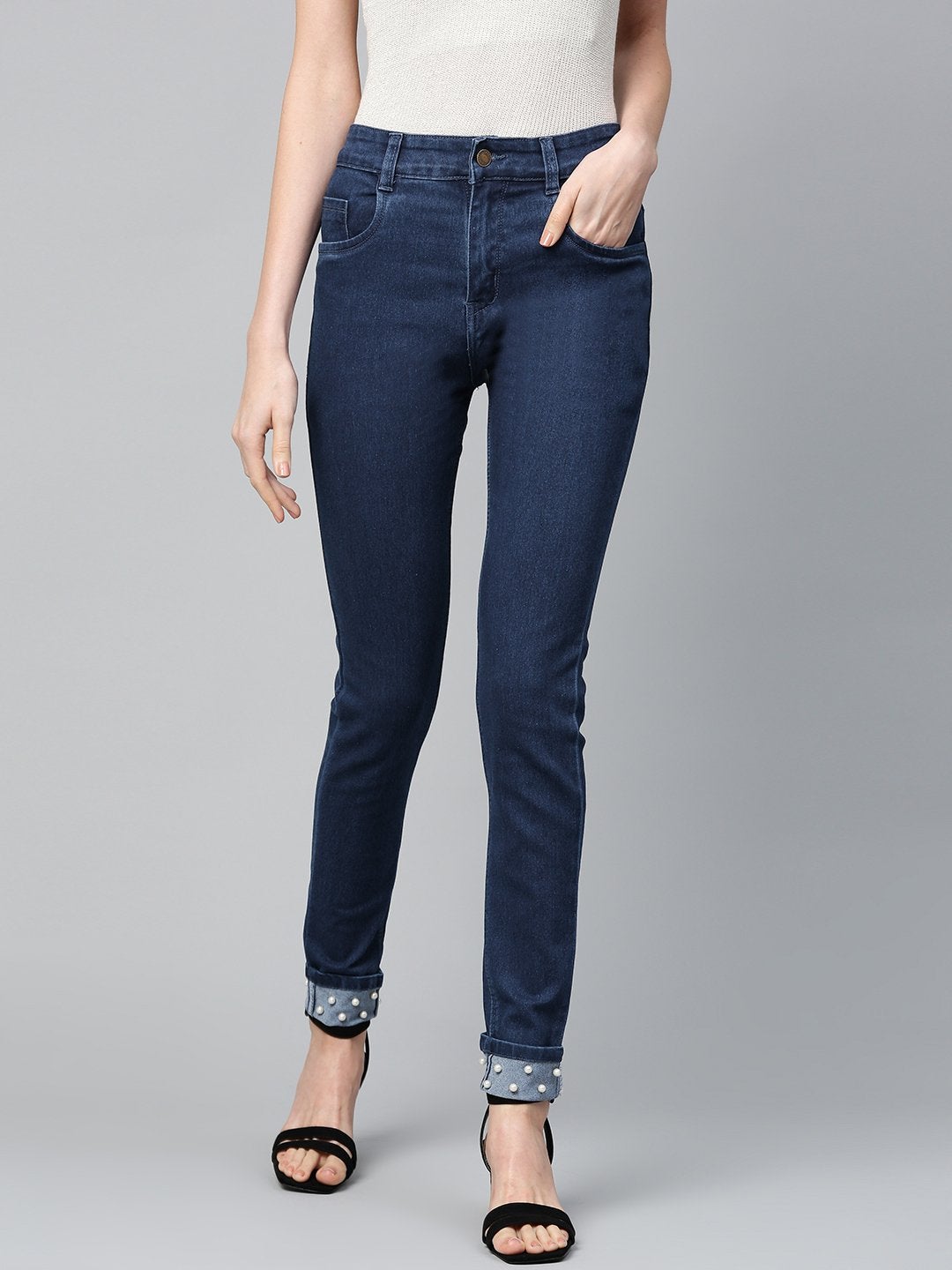 Women's Basic Blue Pearl Studded Hem Jeans - SASSAFRAS