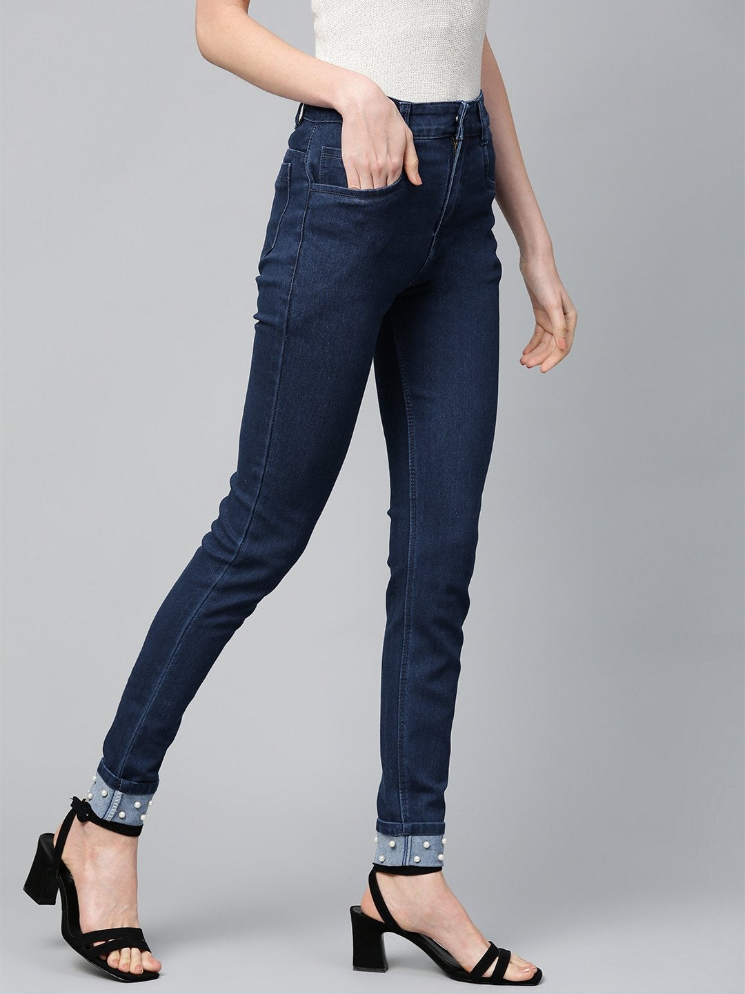 Women's Basic Blue Pearl Studded Hem Jeans - SASSAFRAS