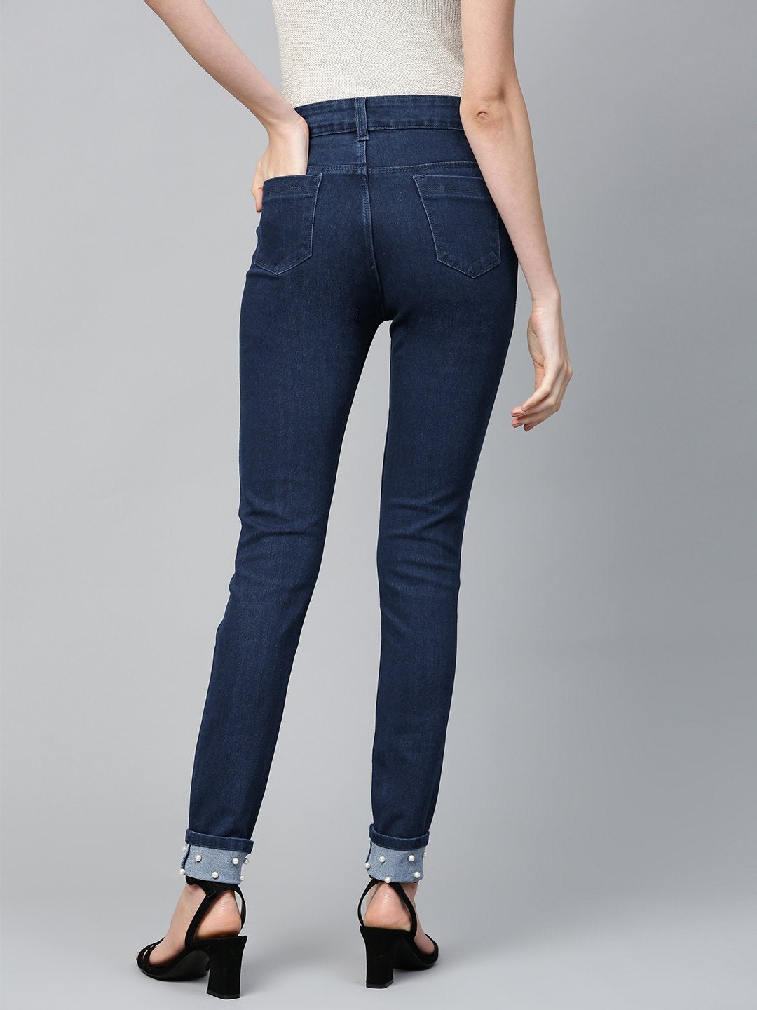 Women's Basic Blue Pearl Studded Hem Jeans - SASSAFRAS