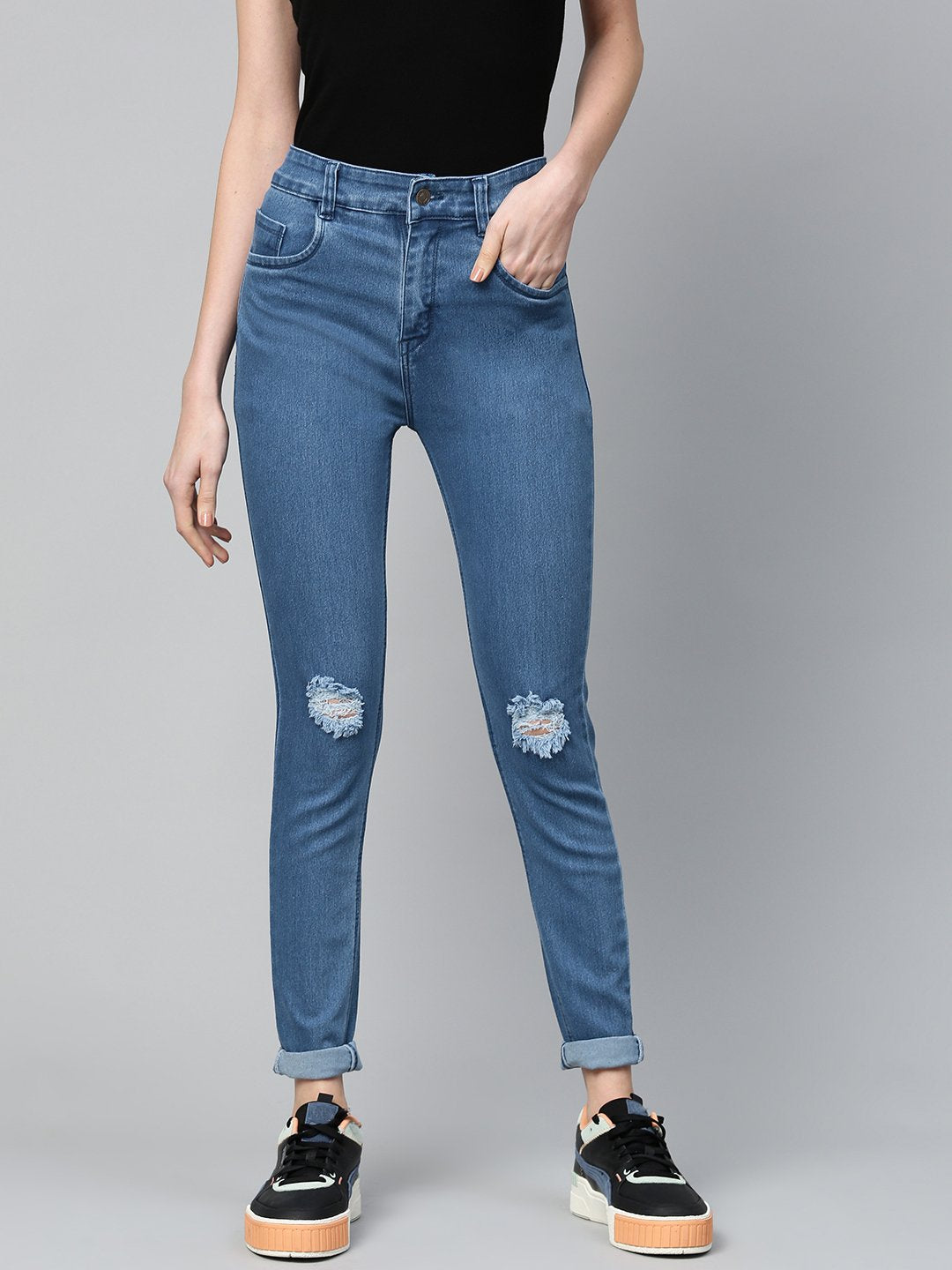 Women's Basic Blue Knee Distressed Slit Jeans - SASSAFRAS