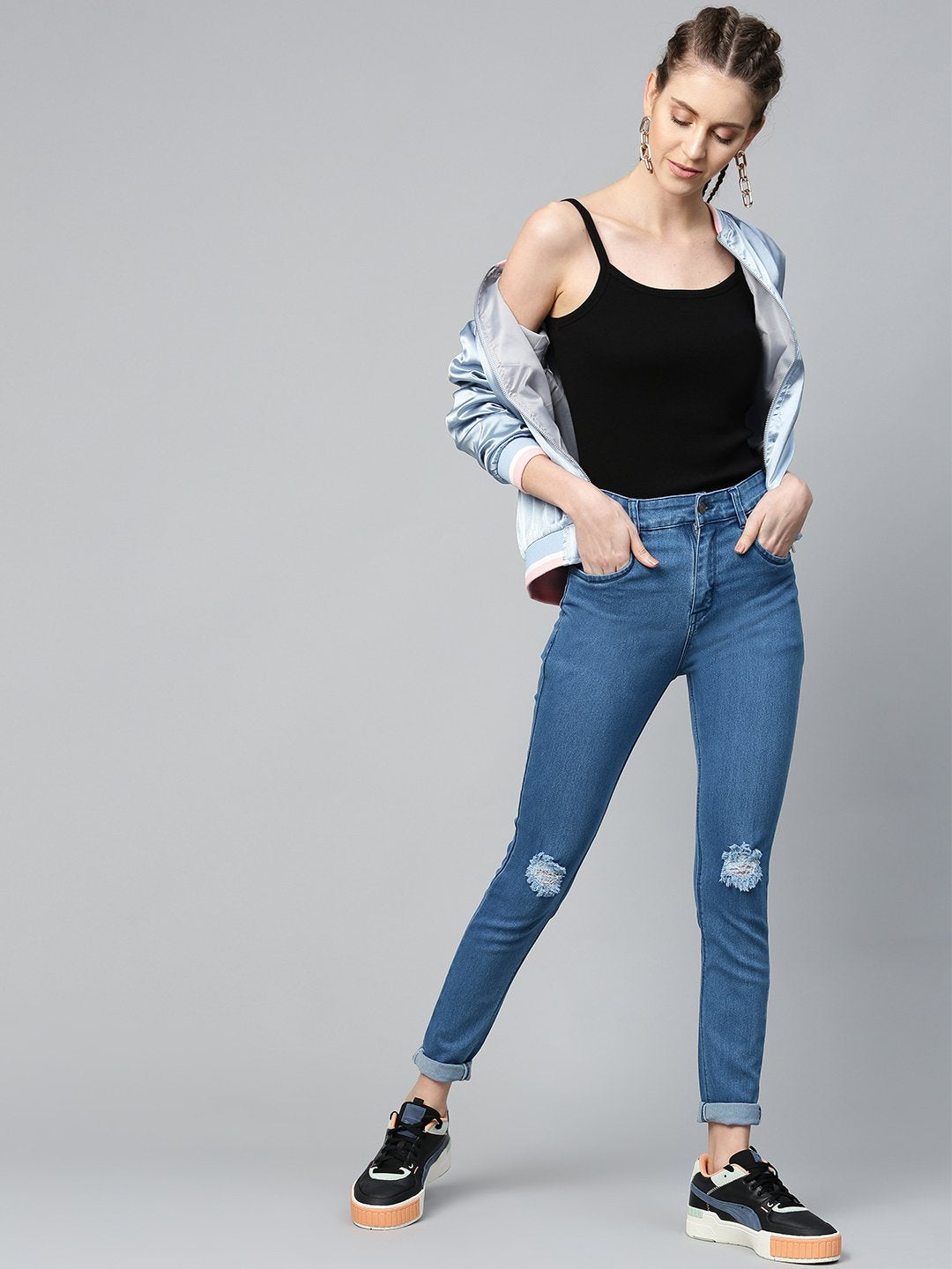 Women's Basic Blue Knee Distressed Slit Jeans - SASSAFRAS