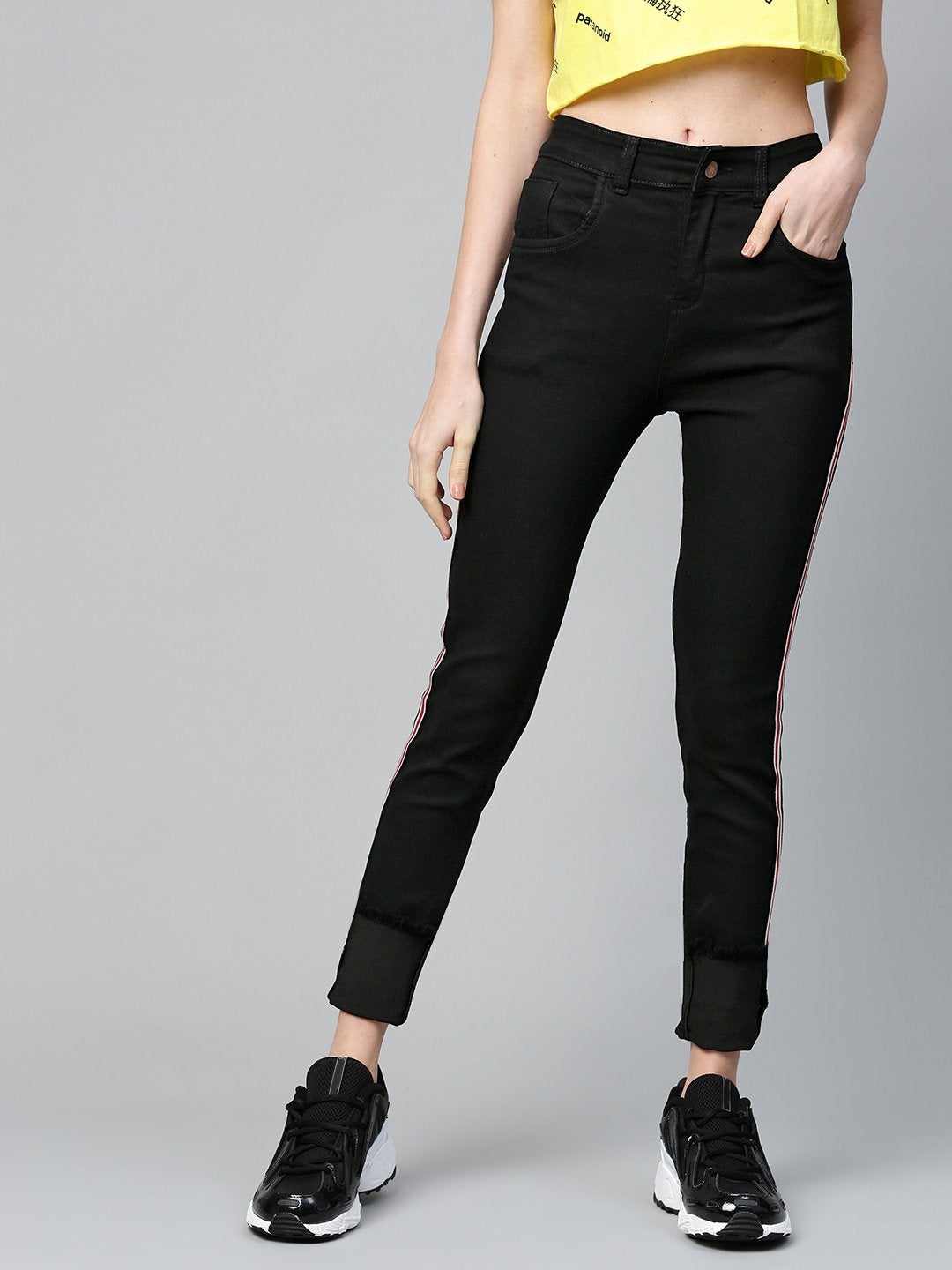 Women's Black Side Tape Basic Jeans - SASSAFRAS