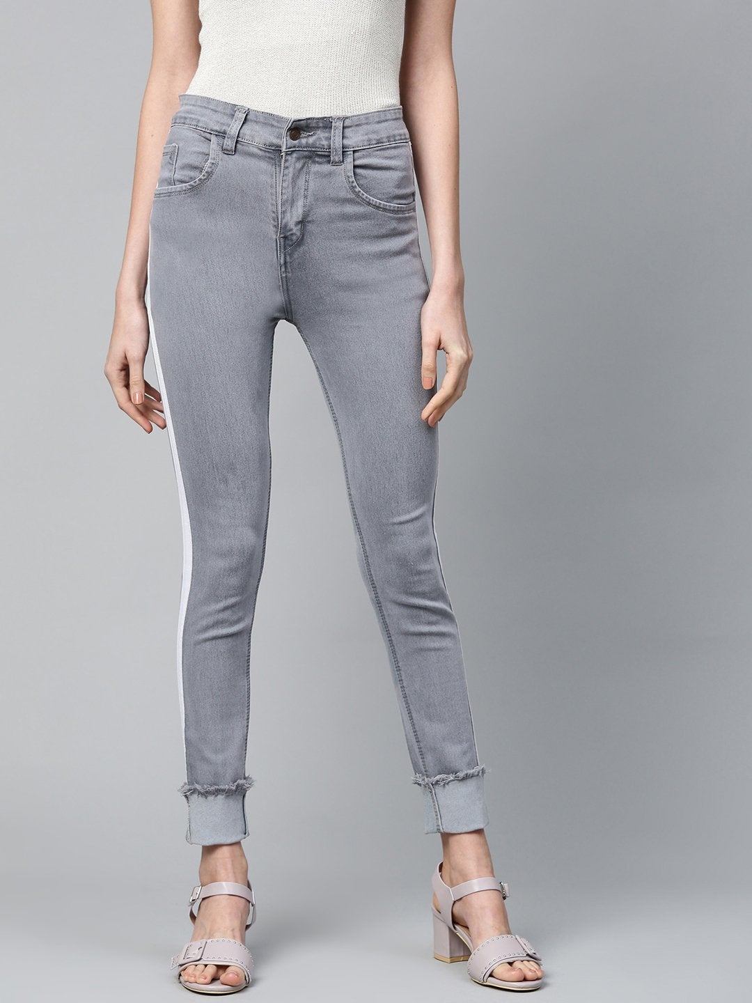 Women's Grey Side Tape Basic Jeans - SASSAFRAS