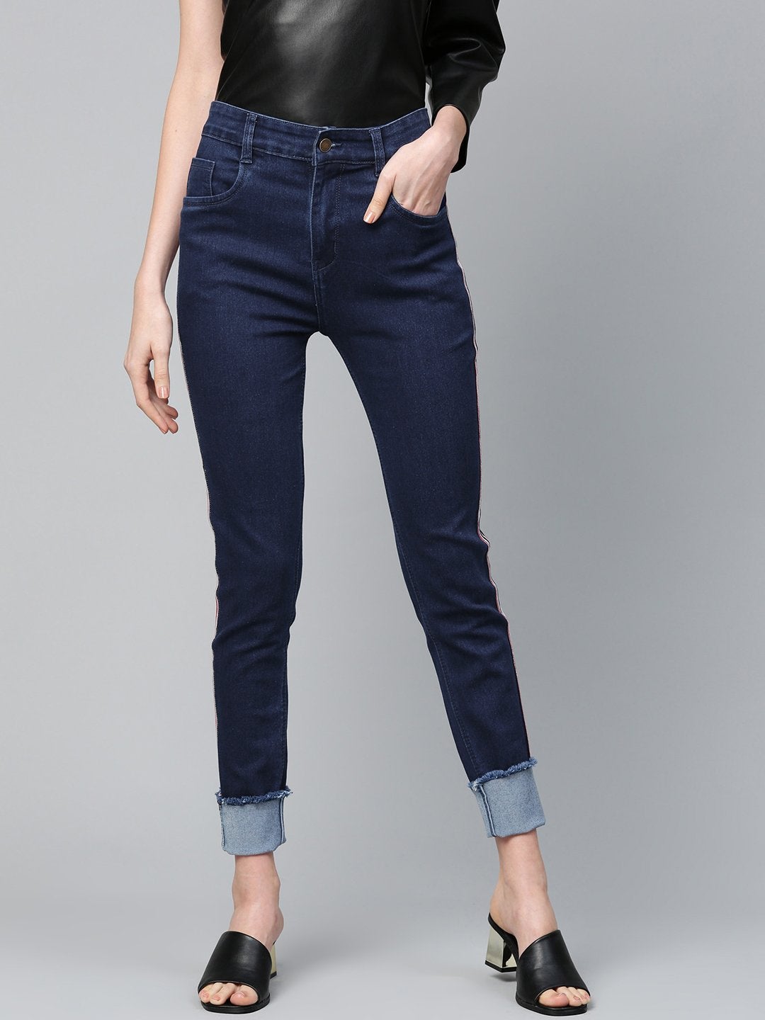 Women's Navy Side Tape Basic Jeans - SASSAFRAS