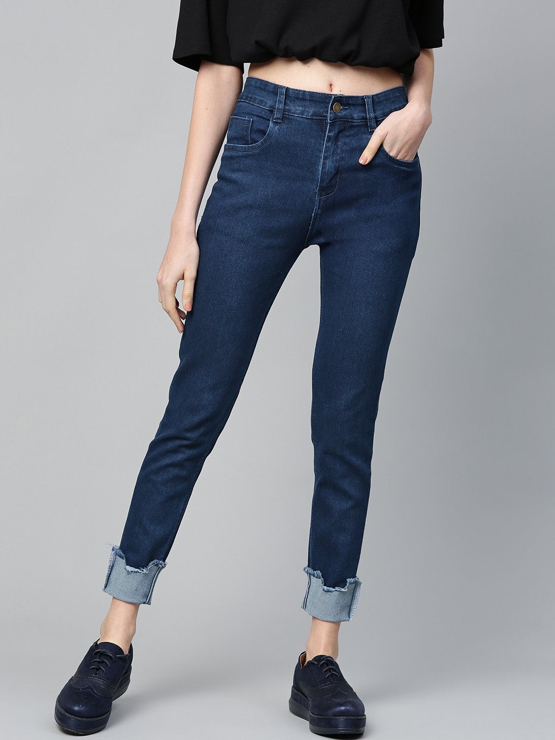 Women's Navy Uneven Raw Hem Jeans - SASSAFRAS