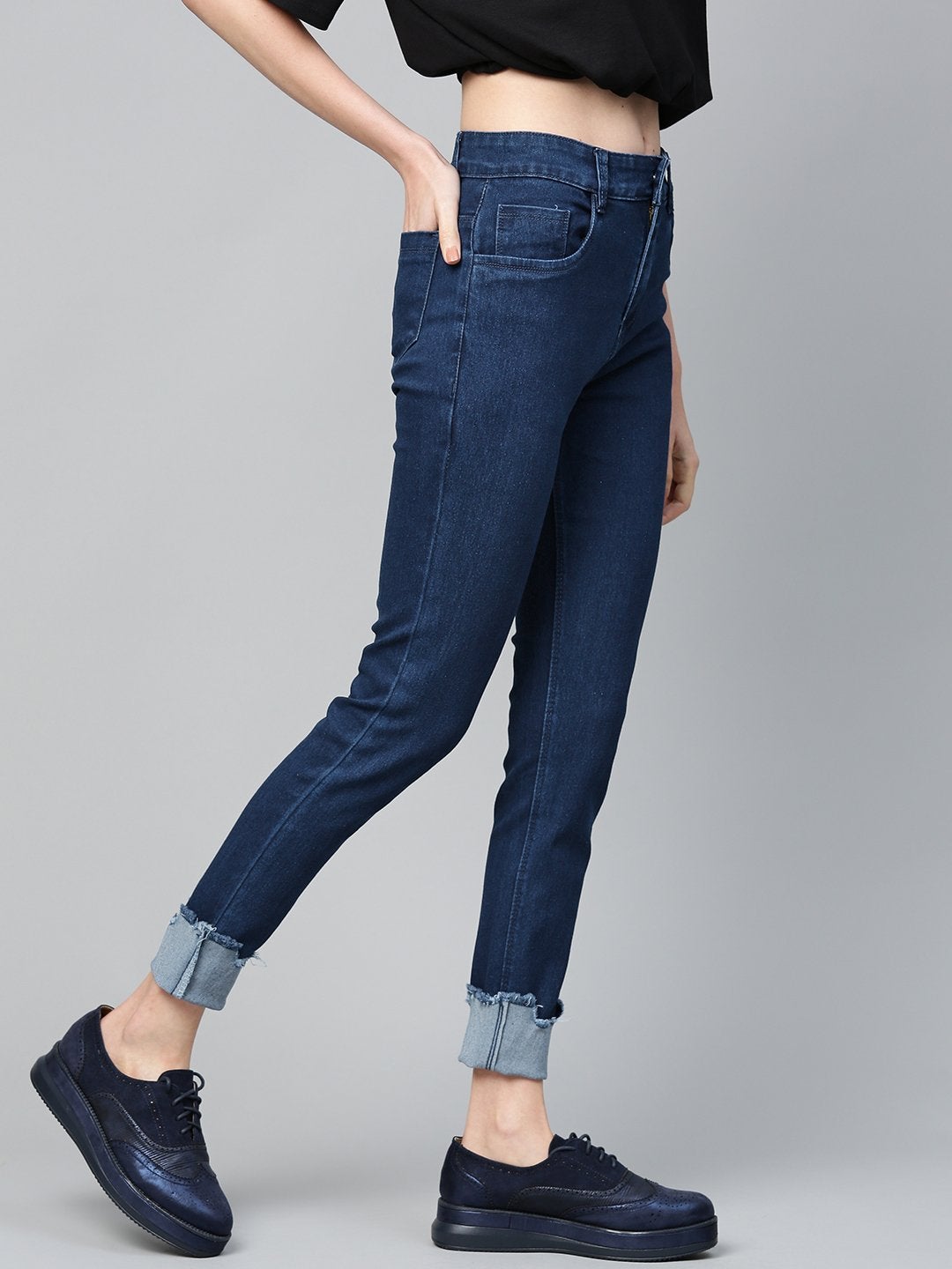 Women's Navy Uneven Raw Hem Jeans - SASSAFRAS