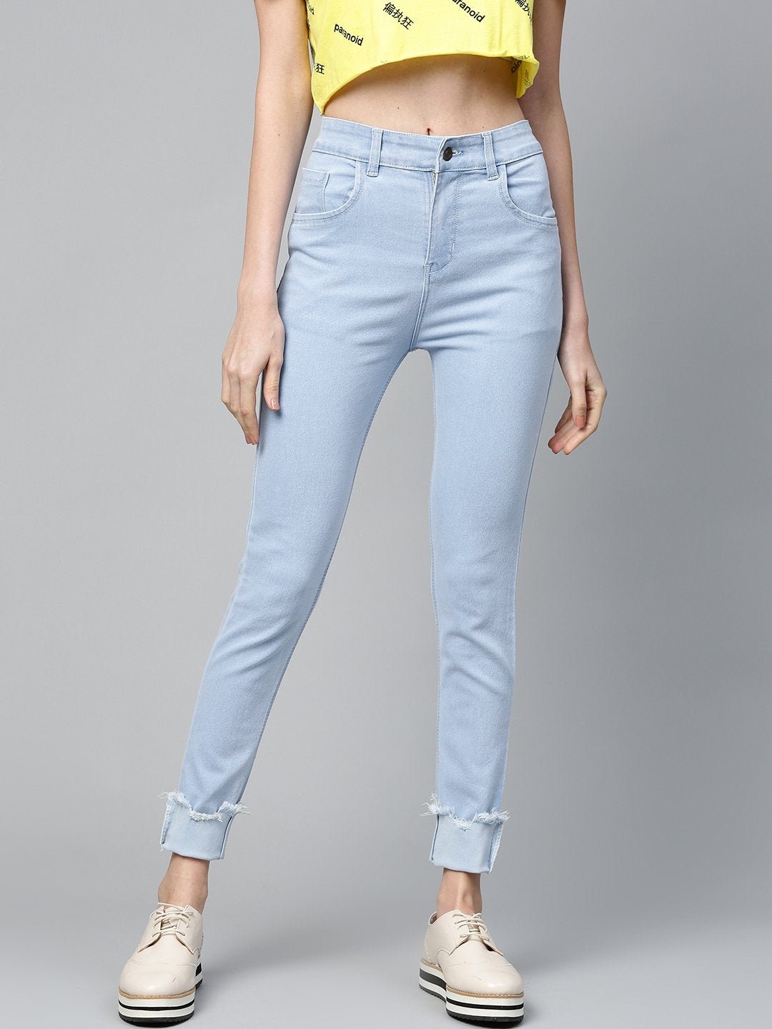 Women's Ice Blue Uneven Raw Basic Jeans - SASSAFRAS