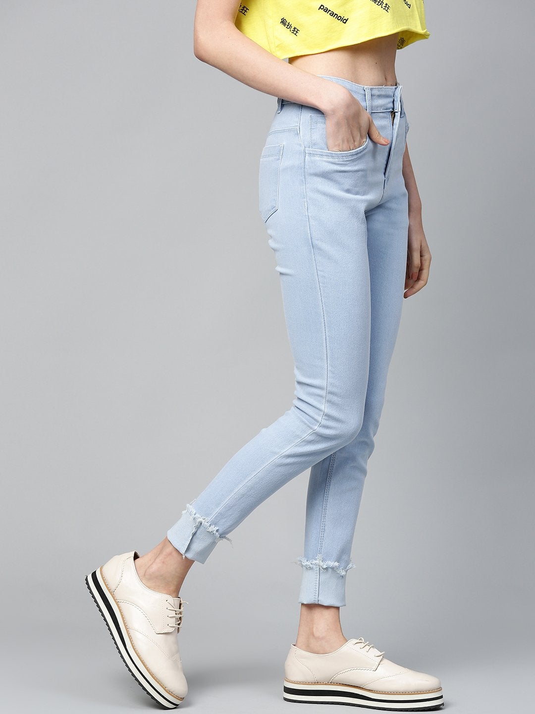 Women's Ice Blue Uneven Raw Basic Jeans - SASSAFRAS