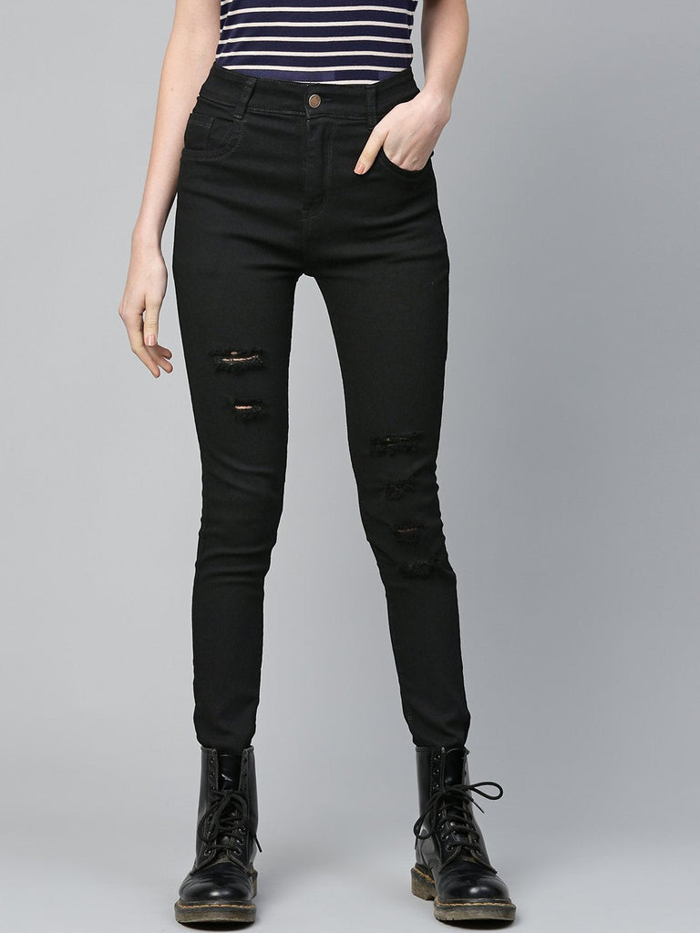 Women's Black Heavy Distressed Multi-Slit Jeans