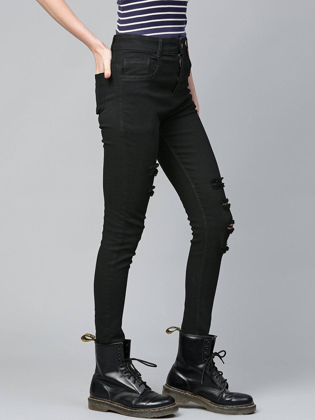 Women's Black Heavy Distressed Multi-Slit Jeans - SASSAFRAS