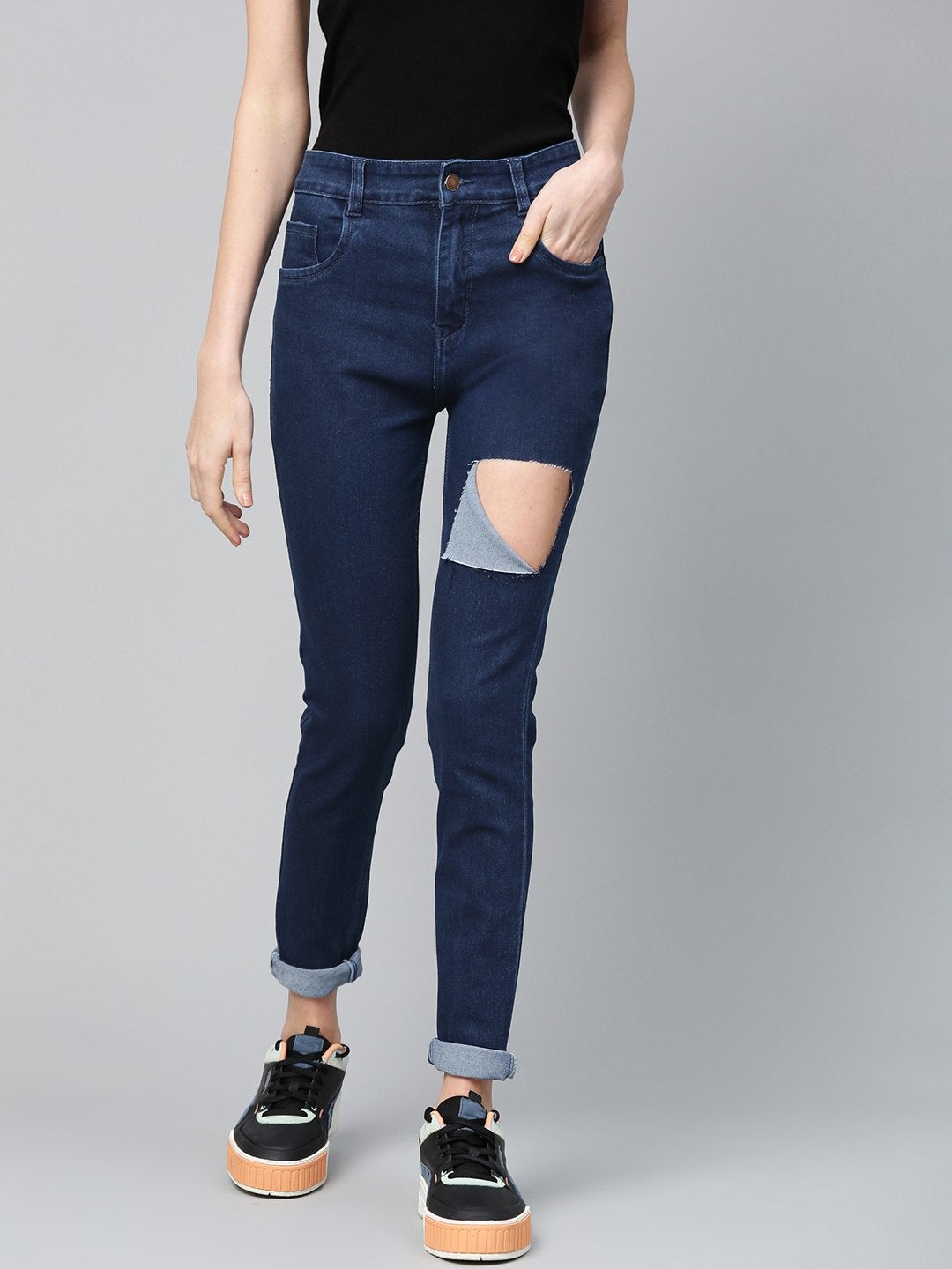 Women's Navy Heavy Ripped Slit Thigh Jeans - SASSAFRAS