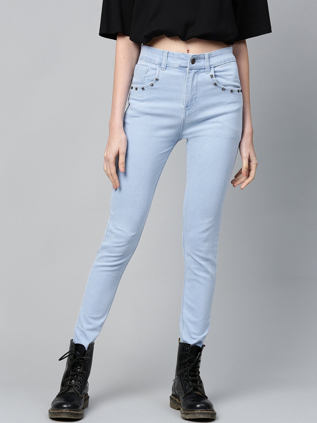 Women's Ice Blue Pearl Studded Pocket Jeans - SASSAFRAS