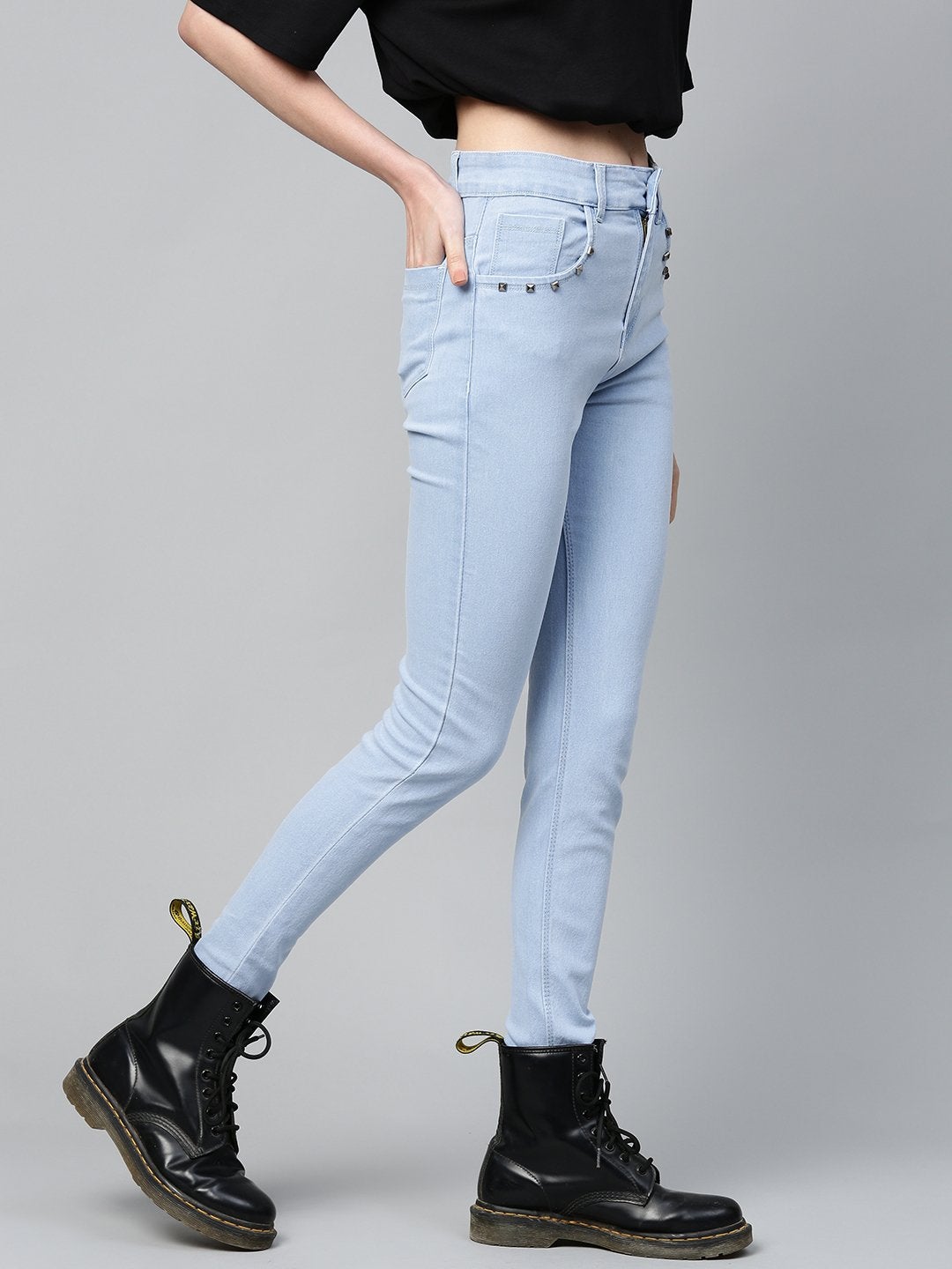 Women's Ice Blue Pearl Studded Pocket Jeans - SASSAFRAS