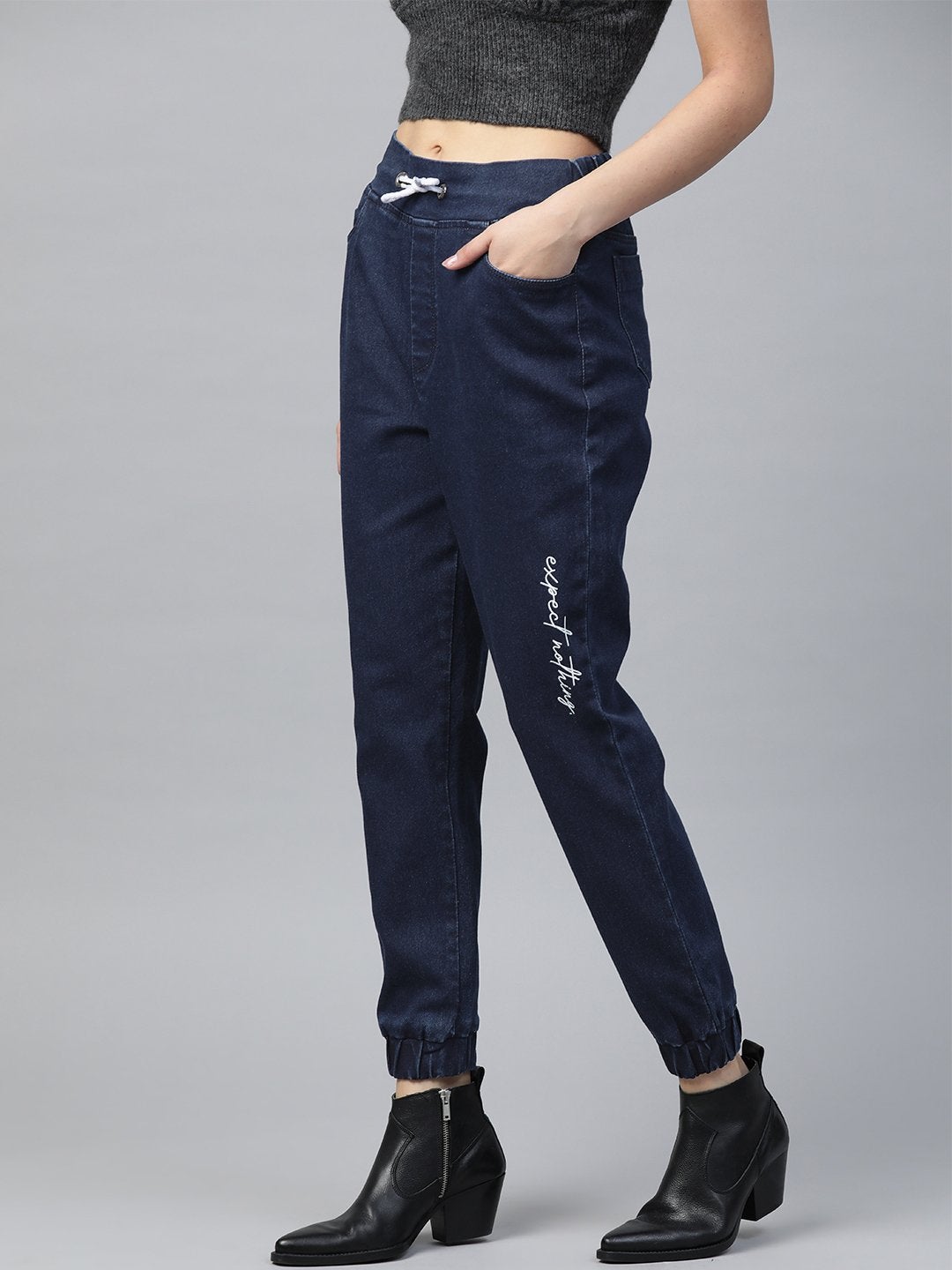 Women's Blue Drawstring Jogger Jeans - SASSAFRAS