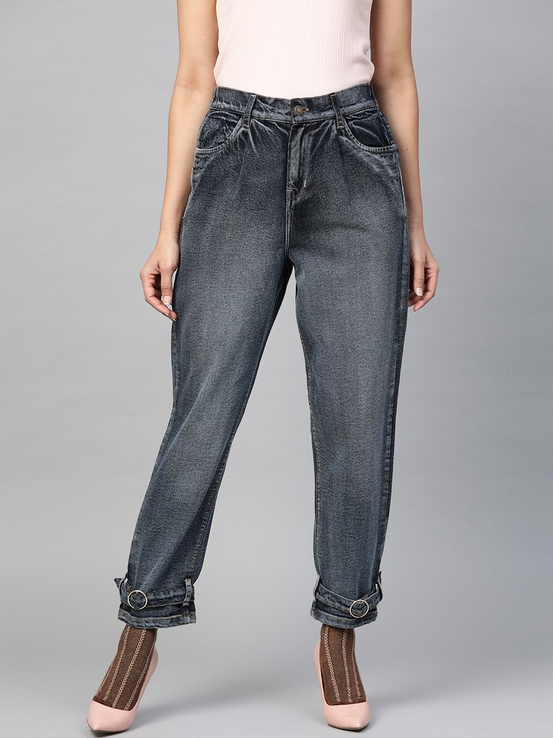 Women's Navy Washed Ring Detail High Waist Jeans - SASSAFRAS