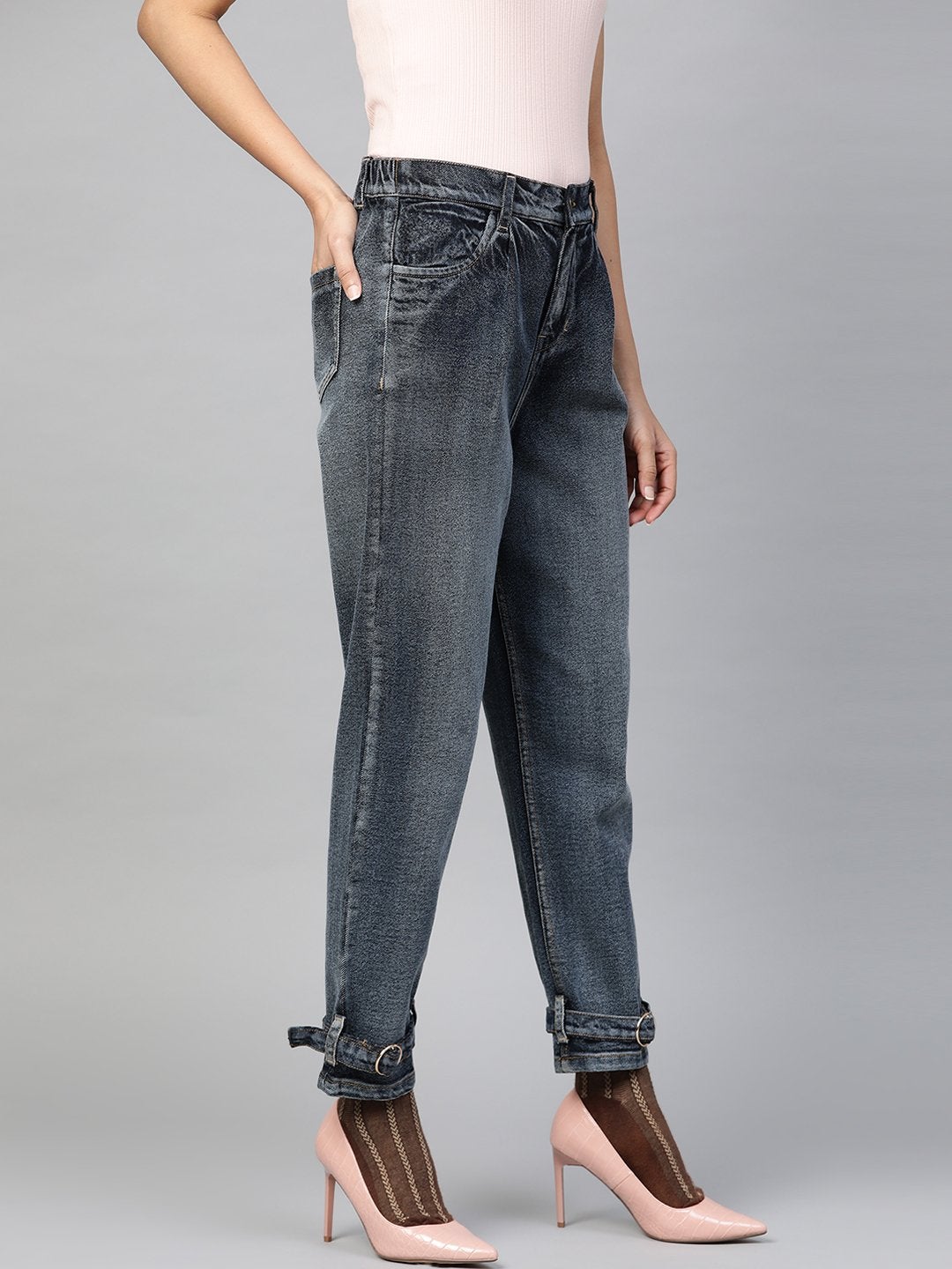 Women's Navy Washed Ring Detail High Waist Jeans - SASSAFRAS