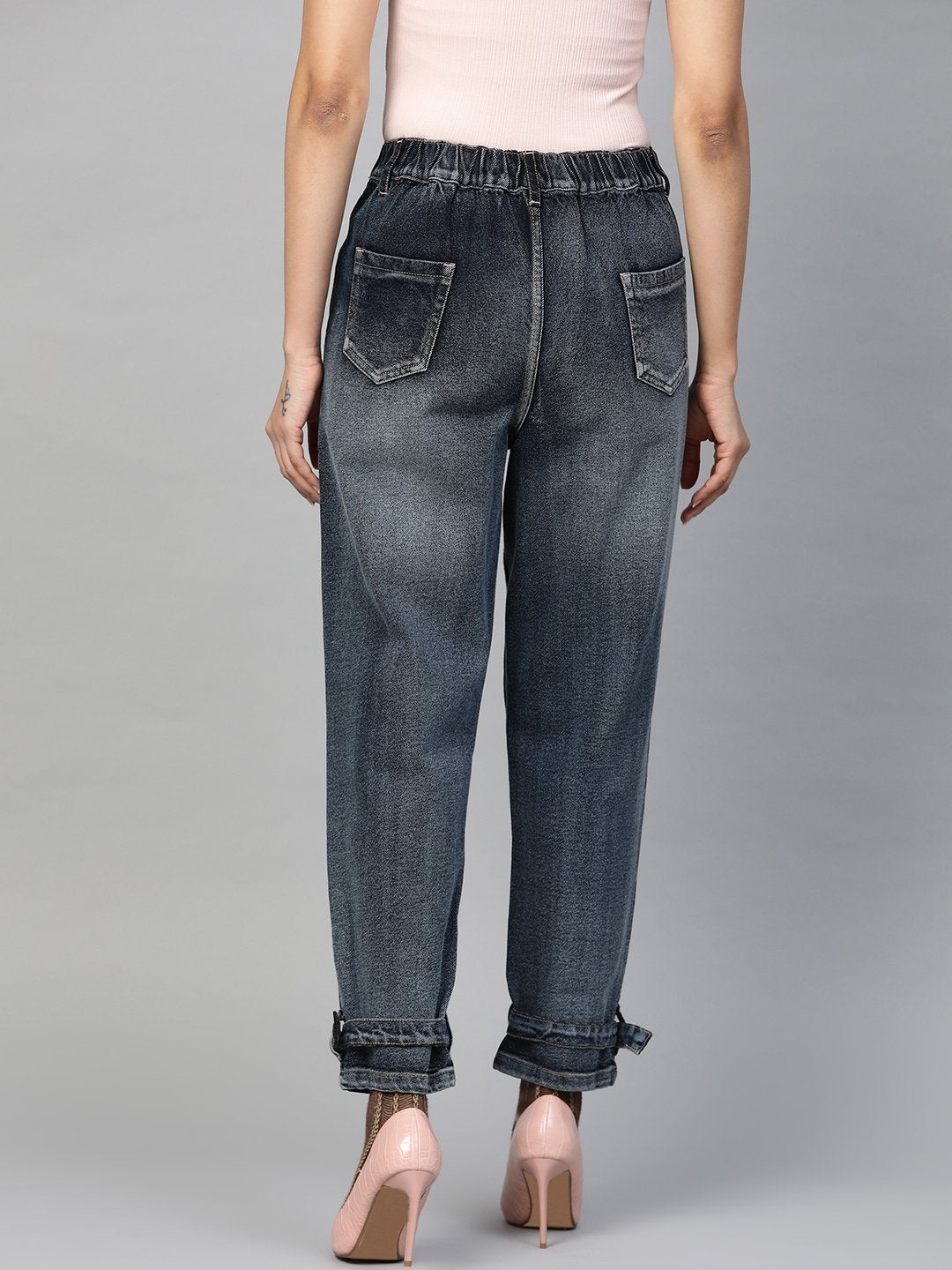 Women's Navy Washed Ring Detail High Waist Jeans - SASSAFRAS