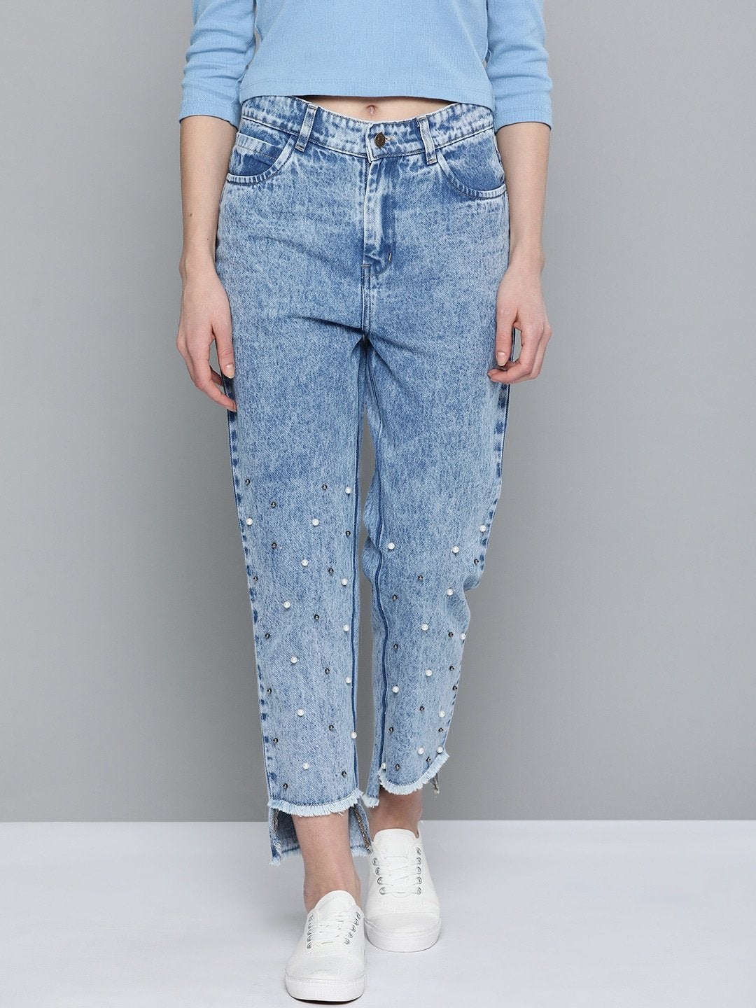 Women's Blue High Low Pearl Detail Mom Jeans - SASSAFRAS