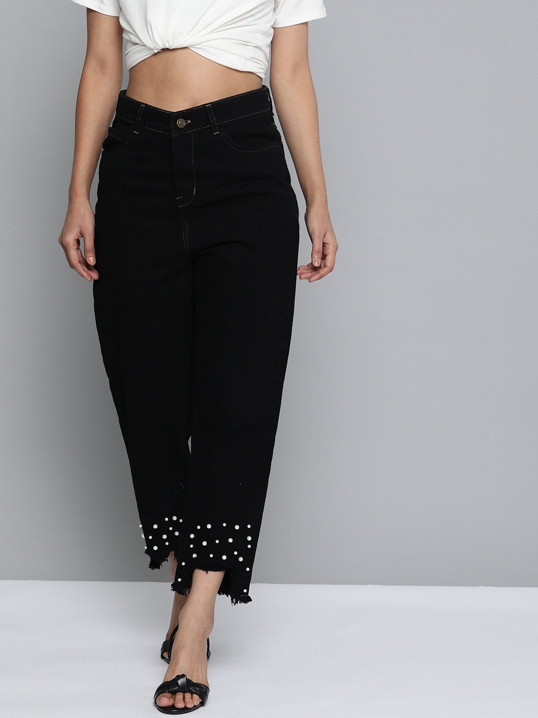 Women's Black Pearl Hem Slouchy Jeans - SASSAFRAS