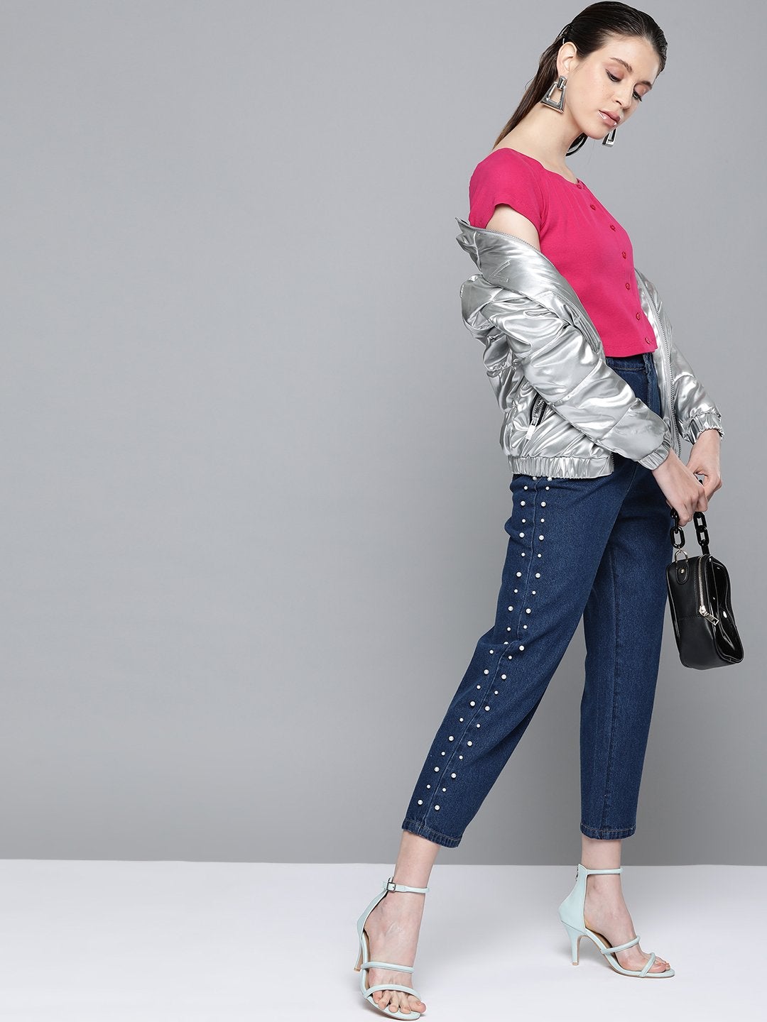 Women's Navy Side Pearl Detail Slouchy Jeans - SASSAFRAS