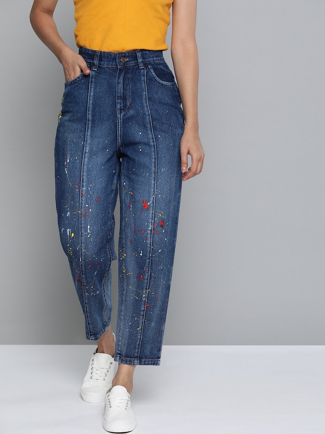 Women's Blue Paint Splatter Slouchy Jeans - SASSAFRAS